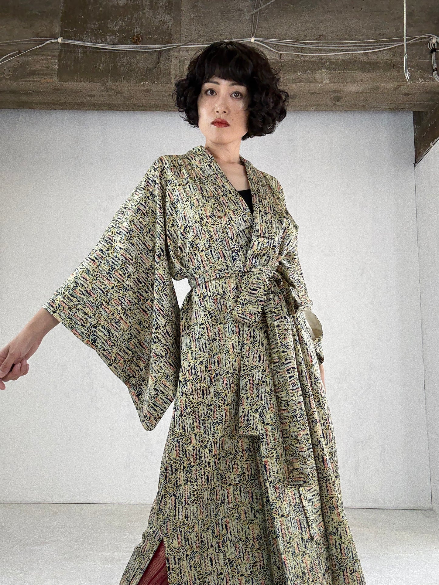 Kimono dress gown and string belt upcycled from Japanese kimono " fuji"