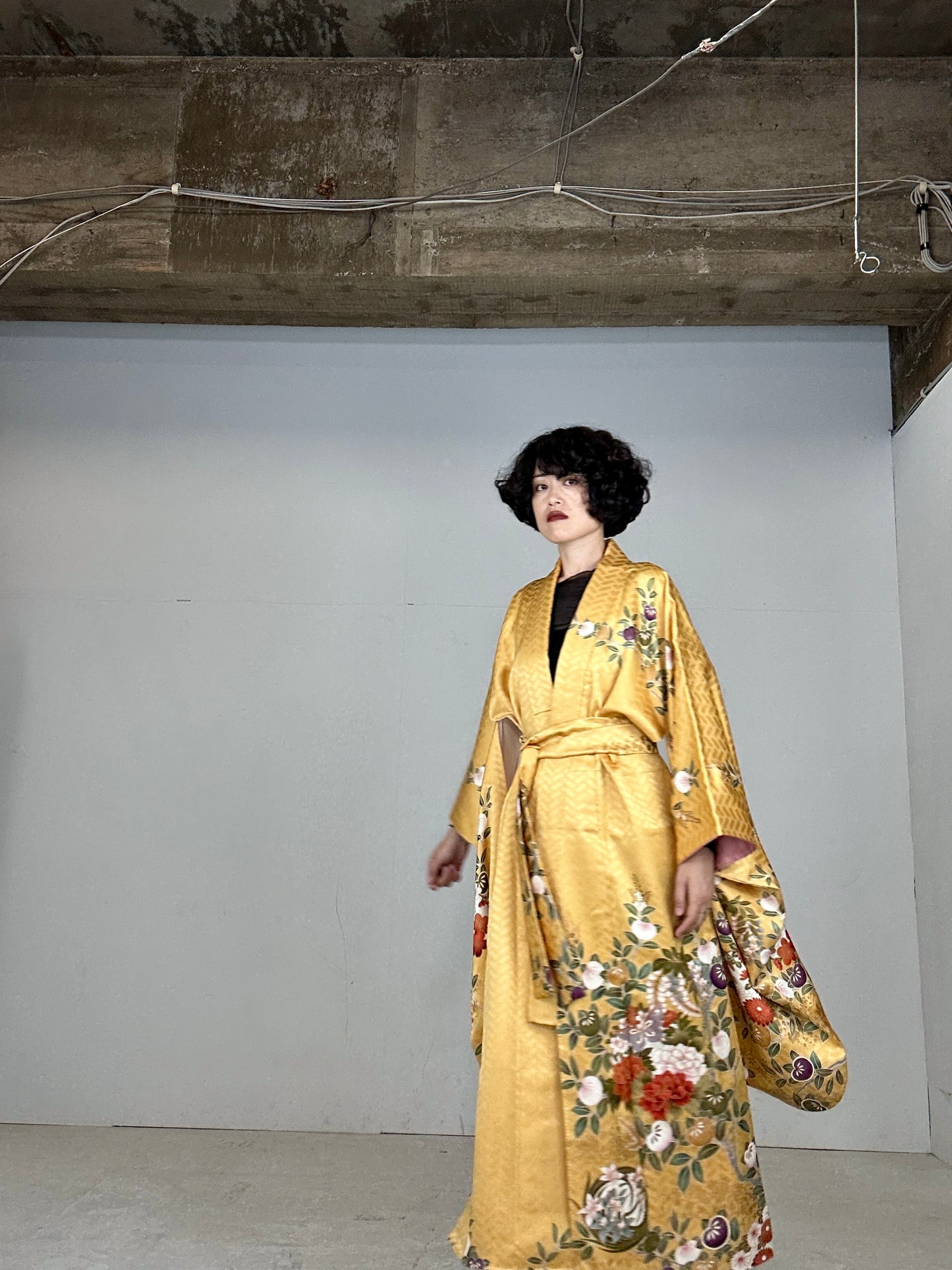 Furisode Kimono dress gown and string belt upcycled from Japanese kimono "yellow"