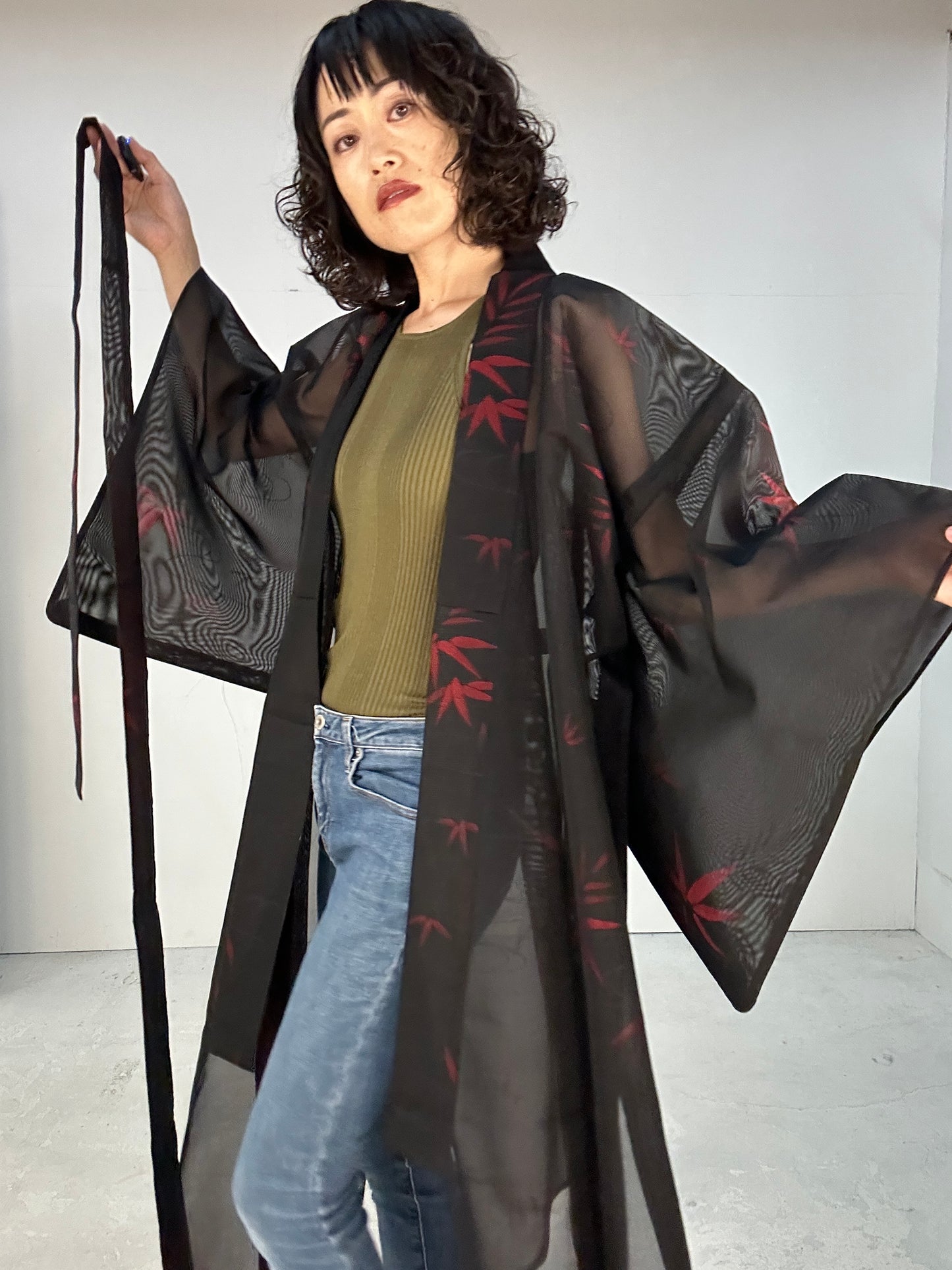 SHEER kimono dress gown and string belt upcycled from Japanese kimono "sasa"