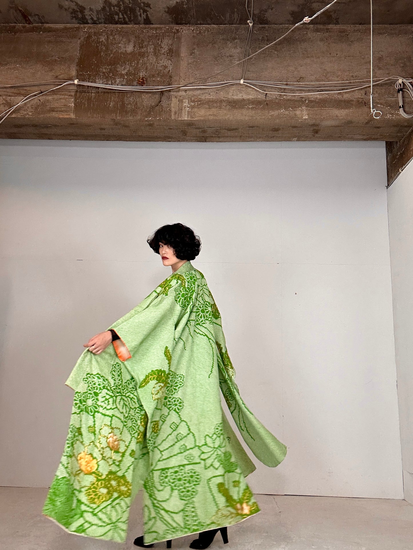 Furisode Kimono dress gown and string belt upcycled from Japanese kimono "shibori green"