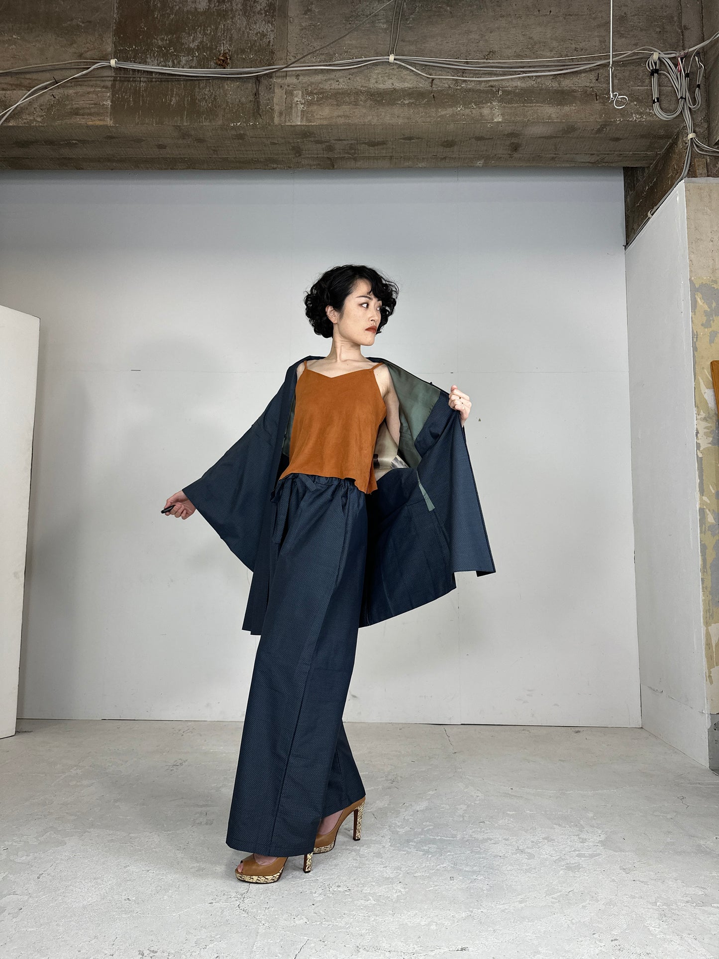 Oshima Tsumugi HAORI  and KIMONO elastic waist pants(large size) upcycled from Japanese kimono(Unisex)"Takarabune" *damage