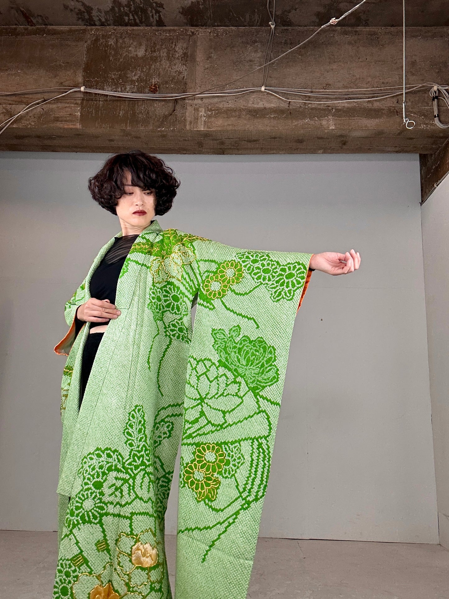 Furisode Kimono dress gown and string belt upcycled from Japanese kimono "shibori green"