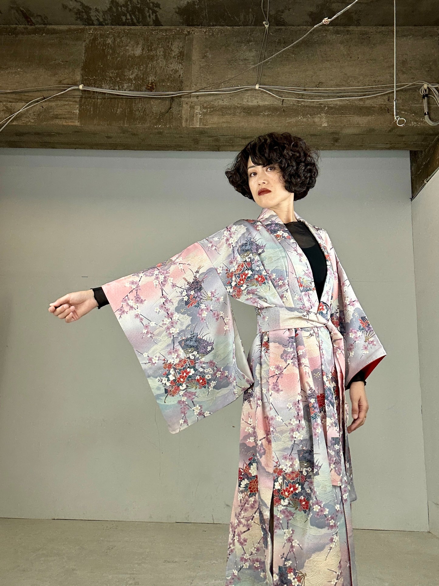 Kimono dress gown and string belt upcycled from Japanese kimono "Shiki kusabana"