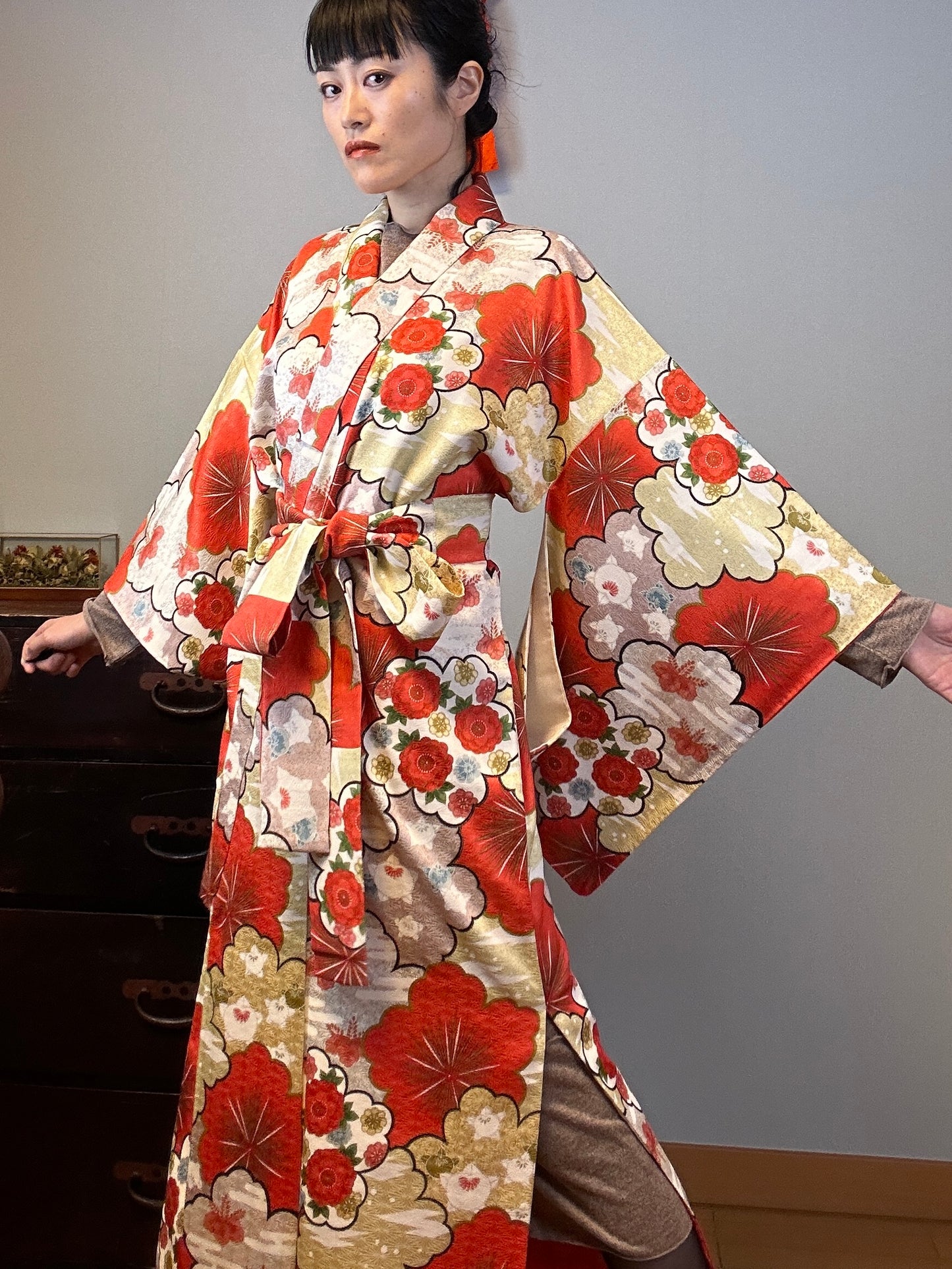 Kimono dress gown and string belt upcycled from Japanese kimono "GOLD RED"