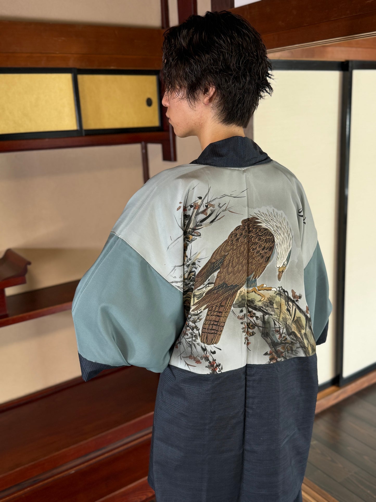 Oshima Tsumugi HAORI  and KIMONO elastic waist pants upcycled from Japanese kimono"taka"version 2