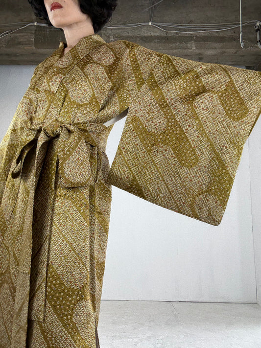 Kimono dress gown and string belt upcycled from Japanese kimono "shibori, yellow" Big Ribbon