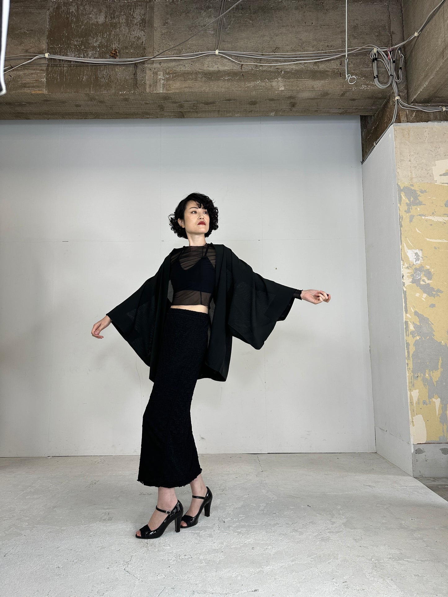 VINTAGE BLACK HAORI SHEER “ro_hana_mon"