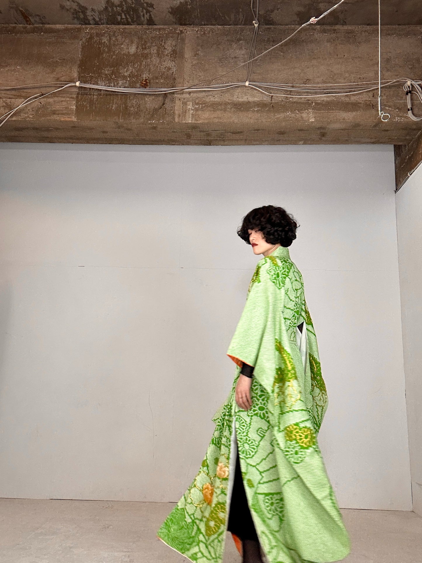 Furisode Kimono dress gown and string belt upcycled from Japanese kimono "shibori green"