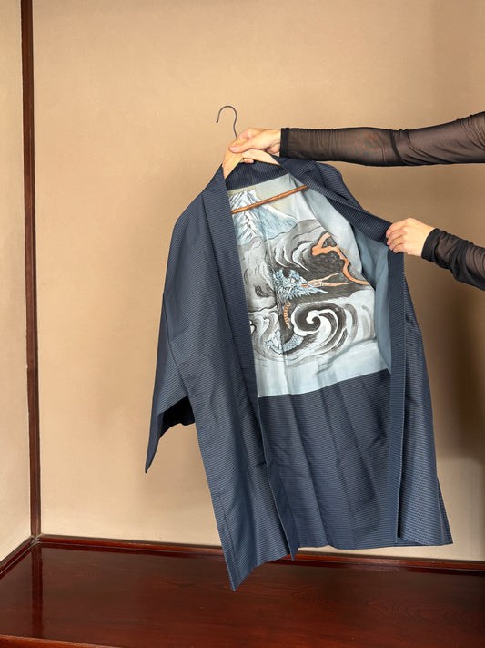 VINTAGE KAWAII HAORI oversized  "oshima, blue,dragon,fuji,059"