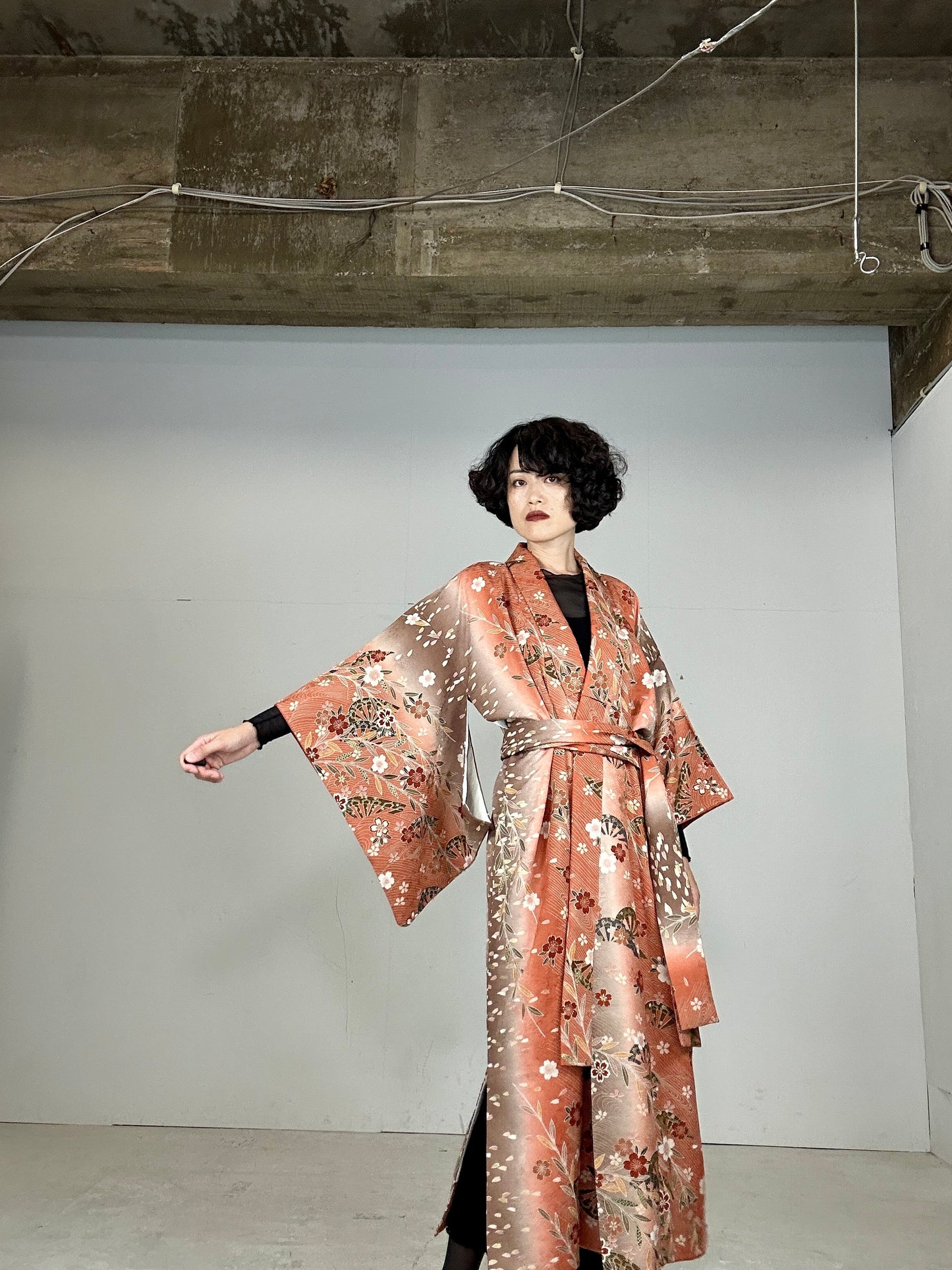 Kimono dress gown and string belt upcycled from Japanese kimono "SAKURA"