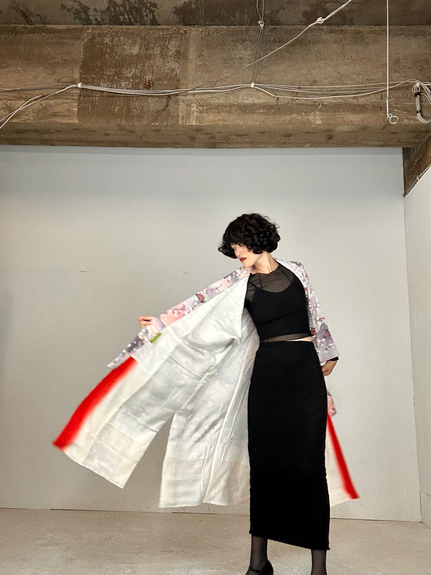 Kimono dress gown and string belt upcycled from Japanese kimono "Shiki kusabana"