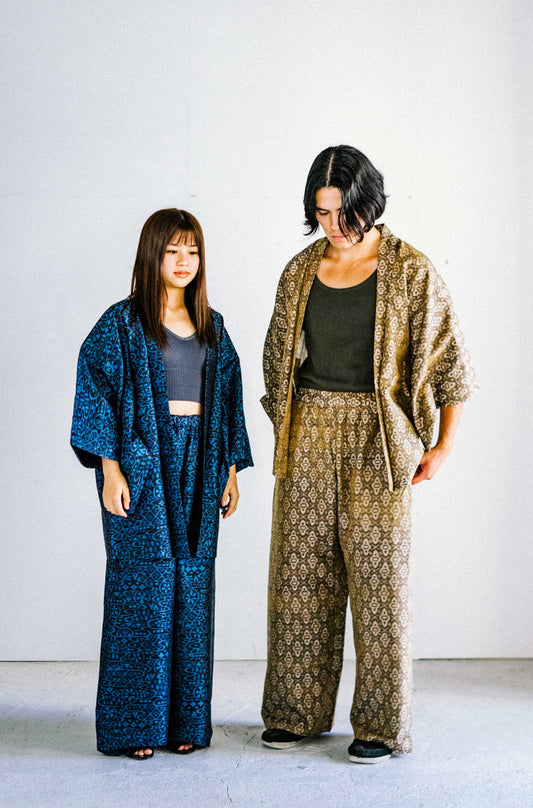 07gold Tsumugi HAORI and KIMONO elastic waist pants upcycled from Japanese kimono(Unisex)