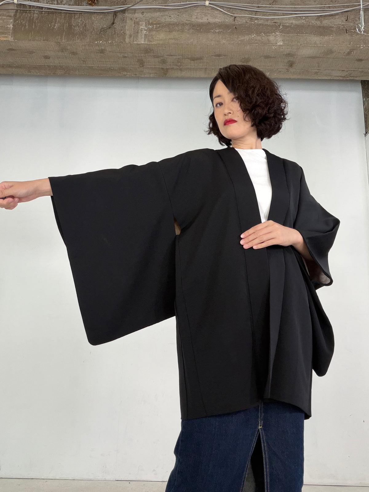 VINTAGE BLACK HAORI  "glitter, BLK205"*damage