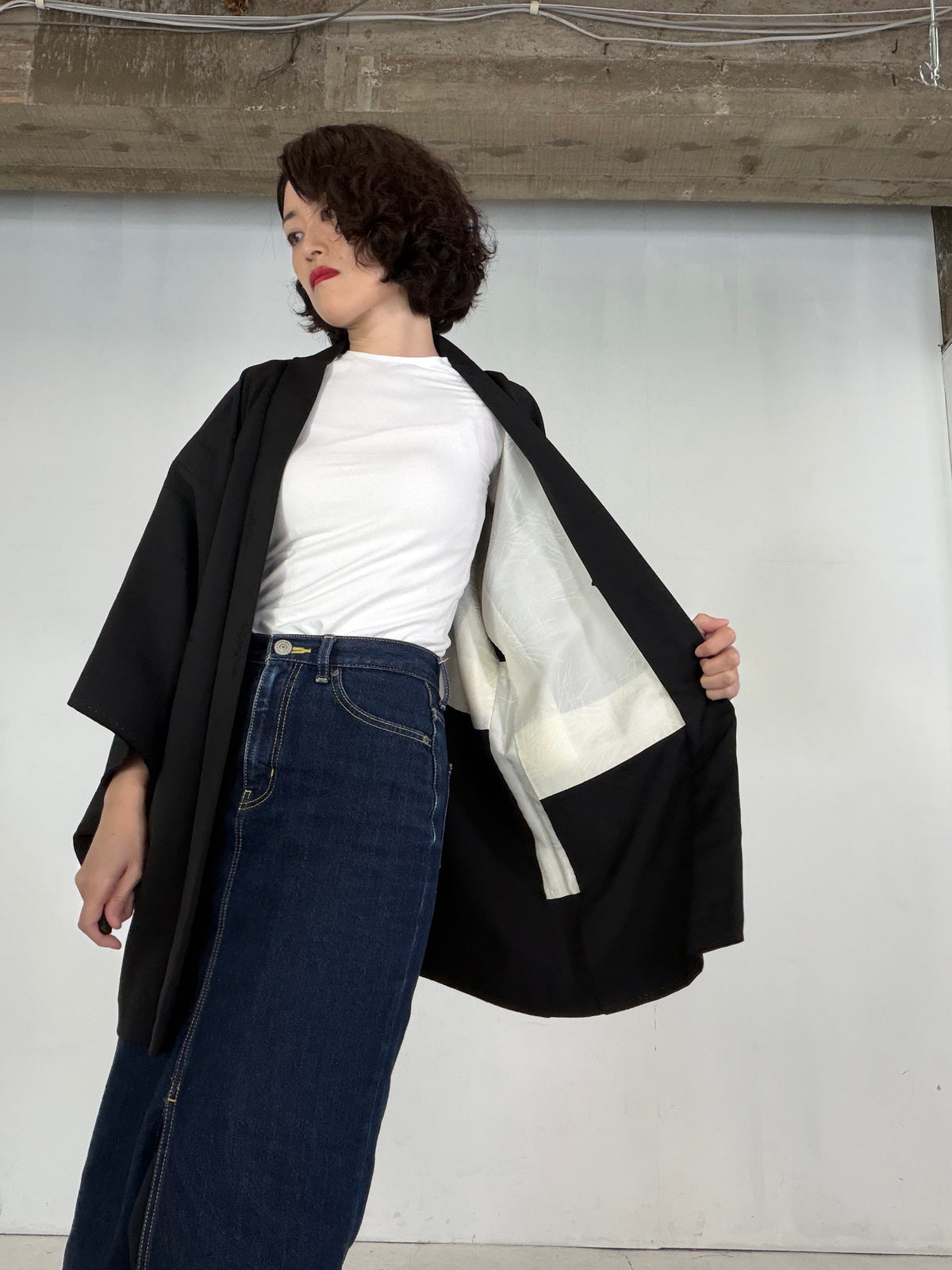 VINTAGE BLACK HAORI  " Wood Motif - BLK211"