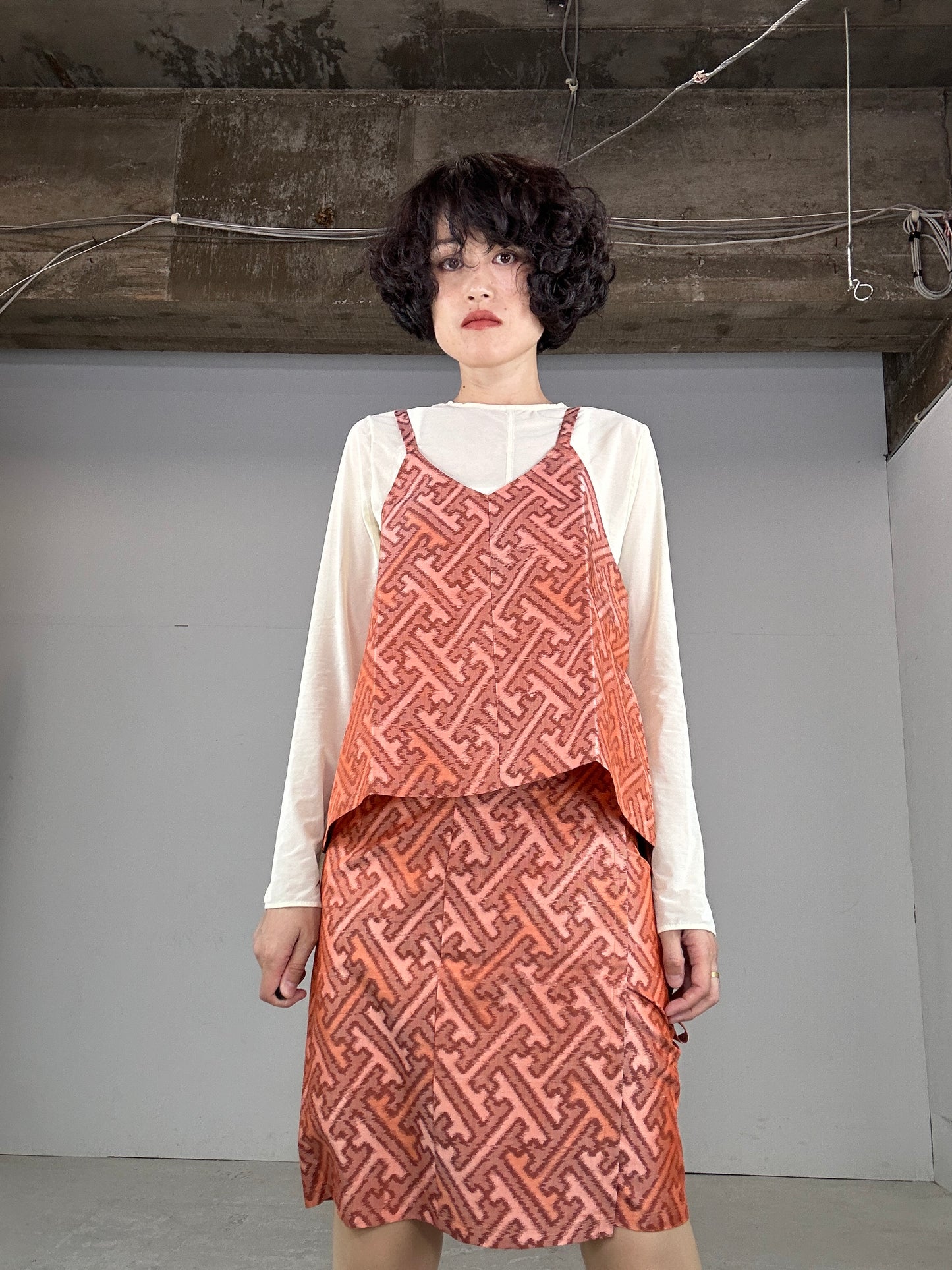 Tsumugi HAORI and KIMONO Skirt, Camisole upcycled from Japanese kimono"manjitsunagi"