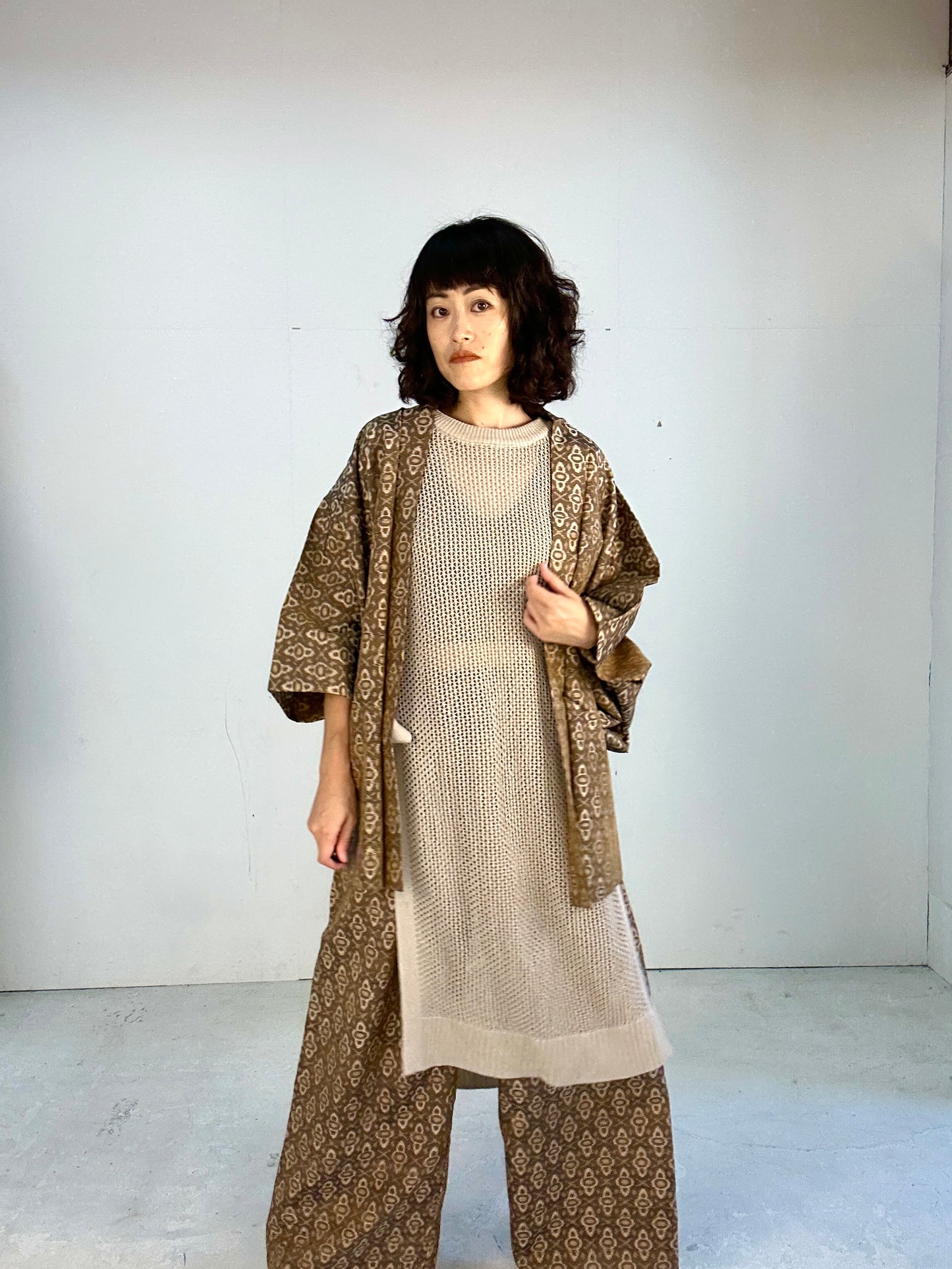 07gold Tsumugi HAORI and KIMONO elastic waist pants upcycled from Japanese kimono(Unisex)