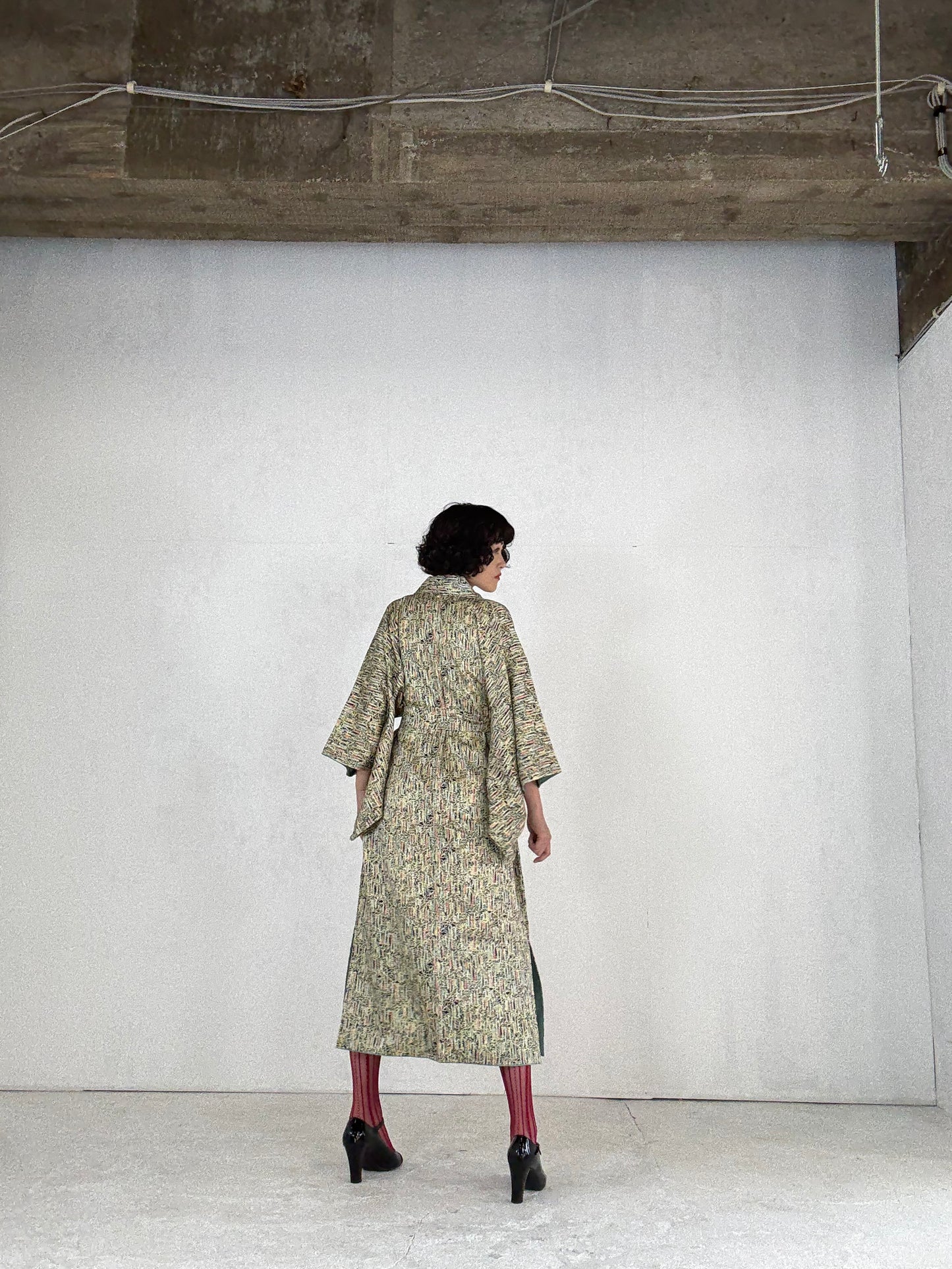 Kimono dress gown and string belt upcycled from Japanese kimono " fuji"