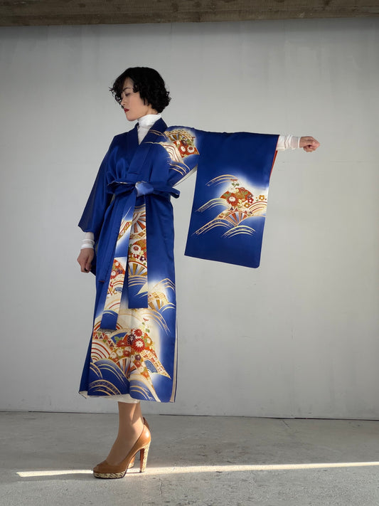 Houmongi Kimono Dress Gown with String Belt – Upcycled from Vintage Japanese Kimono "blue,genjiguruma, DRE033"