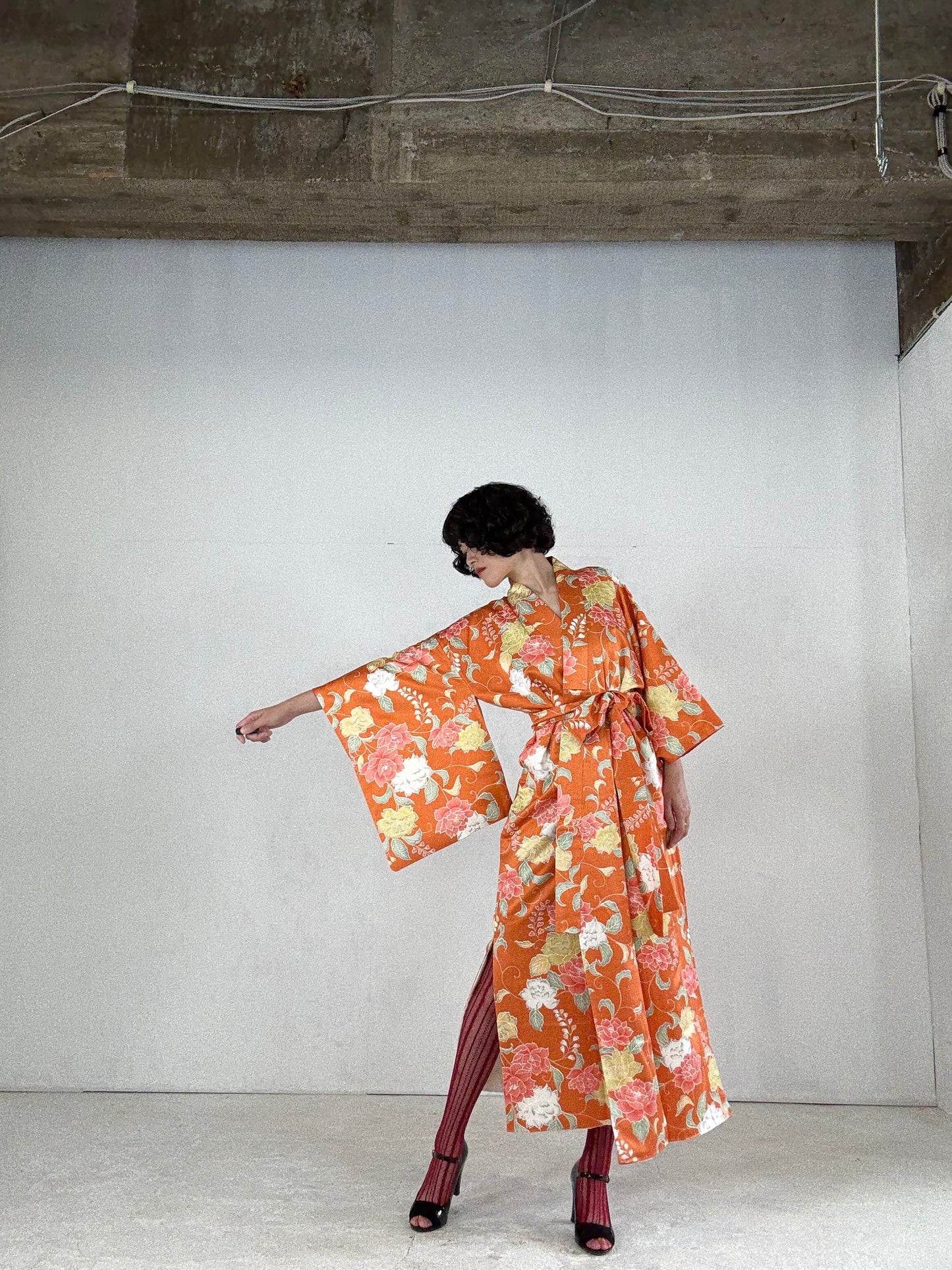 Kimono dress gown and string belt upcycled from Japanese kimono "komon youbana" *damage