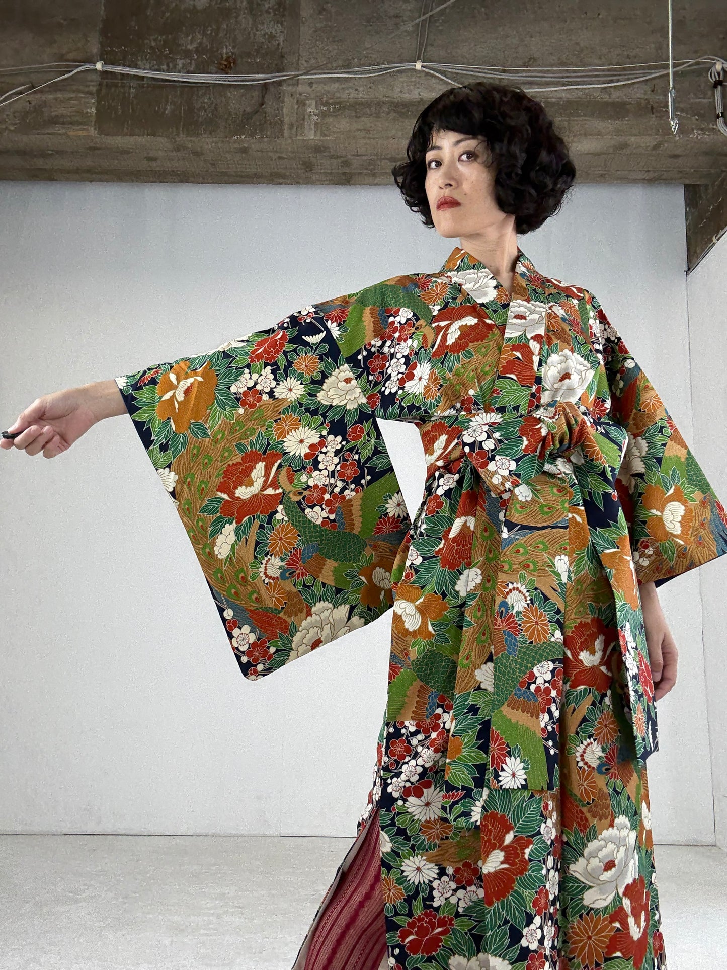 Kimono dress gown and string belt upcycled from Japanese kimono "hanadukushi" Big Ribbon