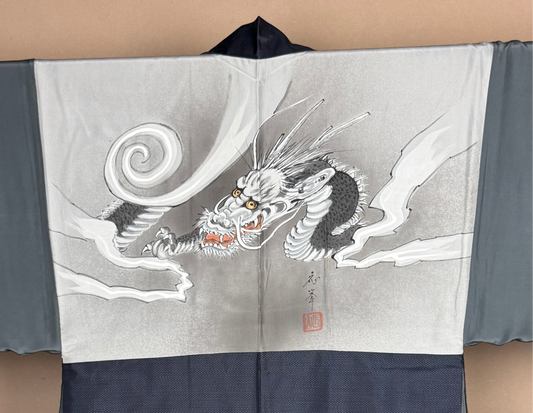 VINTAGE KAWAII HAORI oversized  "oshima, blue,   dragon 033"