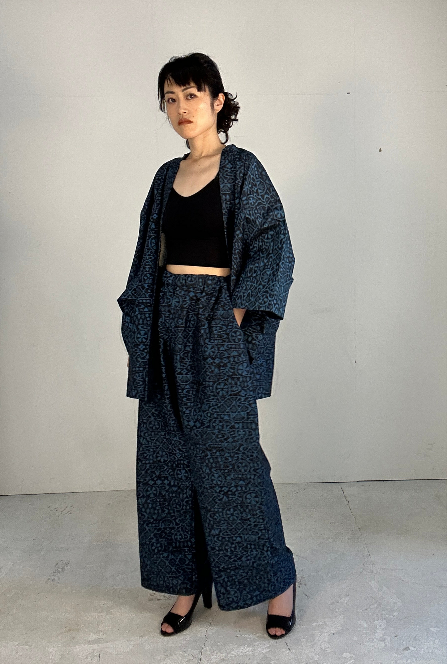 06blue Tsumugi HAORI and KIMONO elastic waist pants upcycled from Japanese kimono(Unisex)