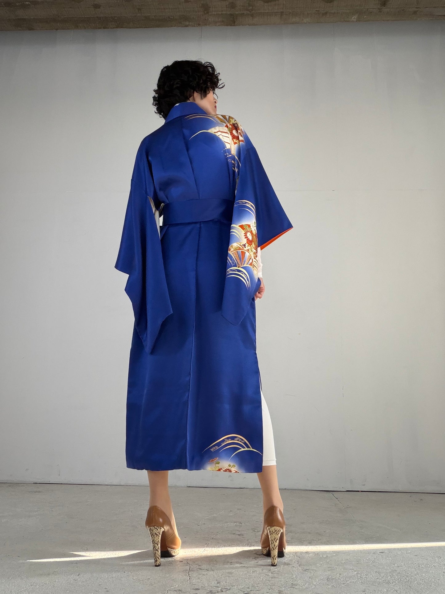 Houmongi Kimono Dress Gown with String Belt – Upcycled from Vintage Japanese Kimono "blue,genjiguruma, DRE033"