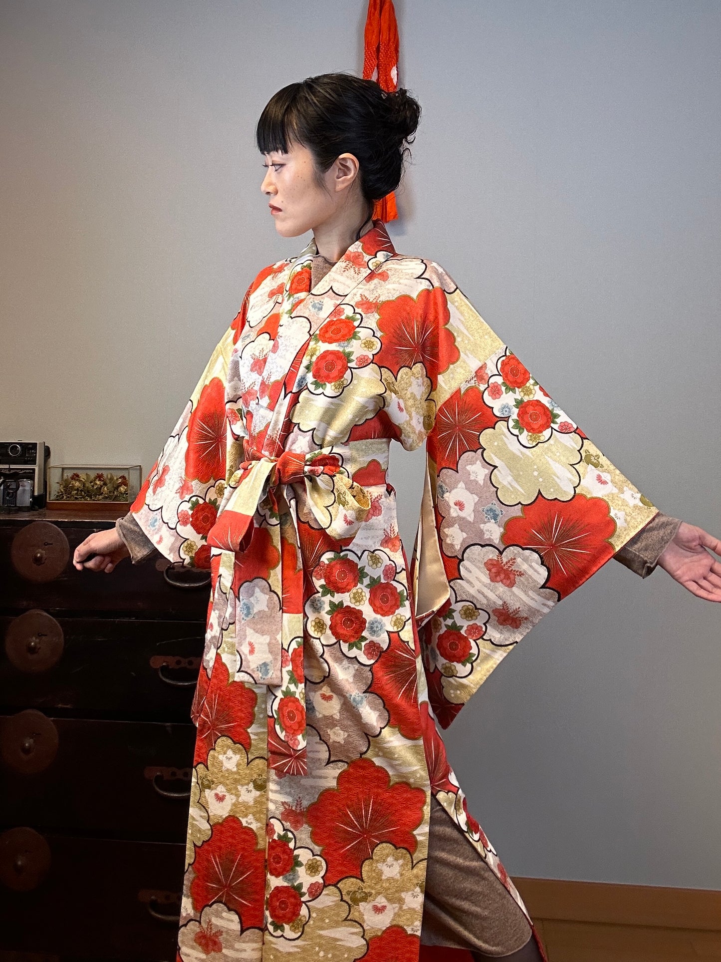 Kimono dress gown and string belt upcycled from Japanese kimono "GOLD RED"