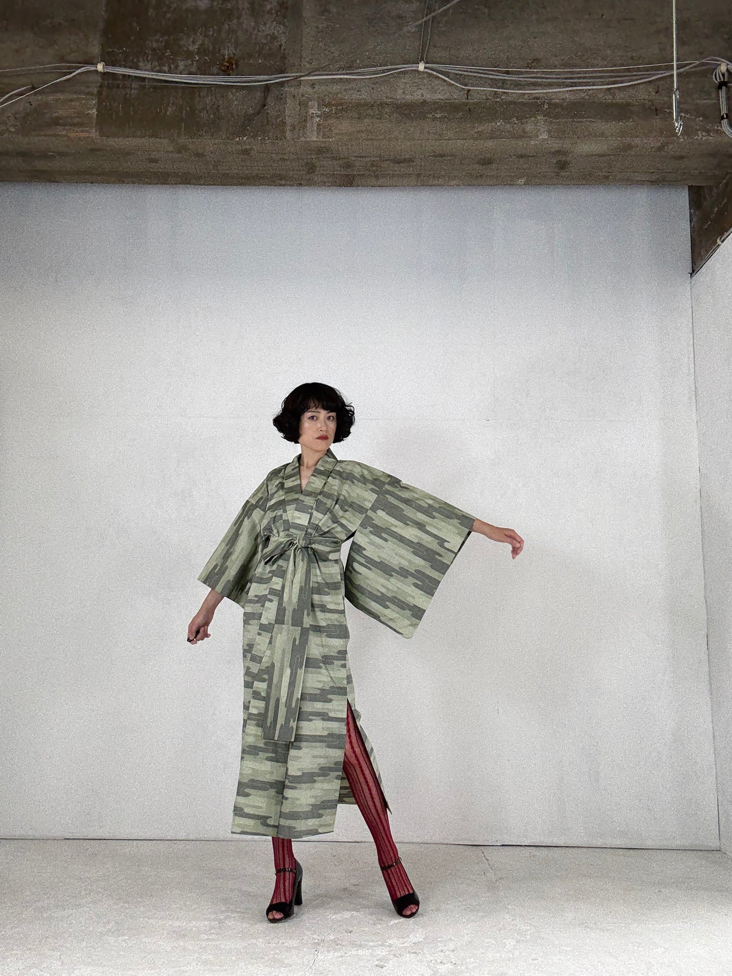 Kimono dress gown and string belt upcycled from Japanese kimono "tsumugi cloud pattern" :damage