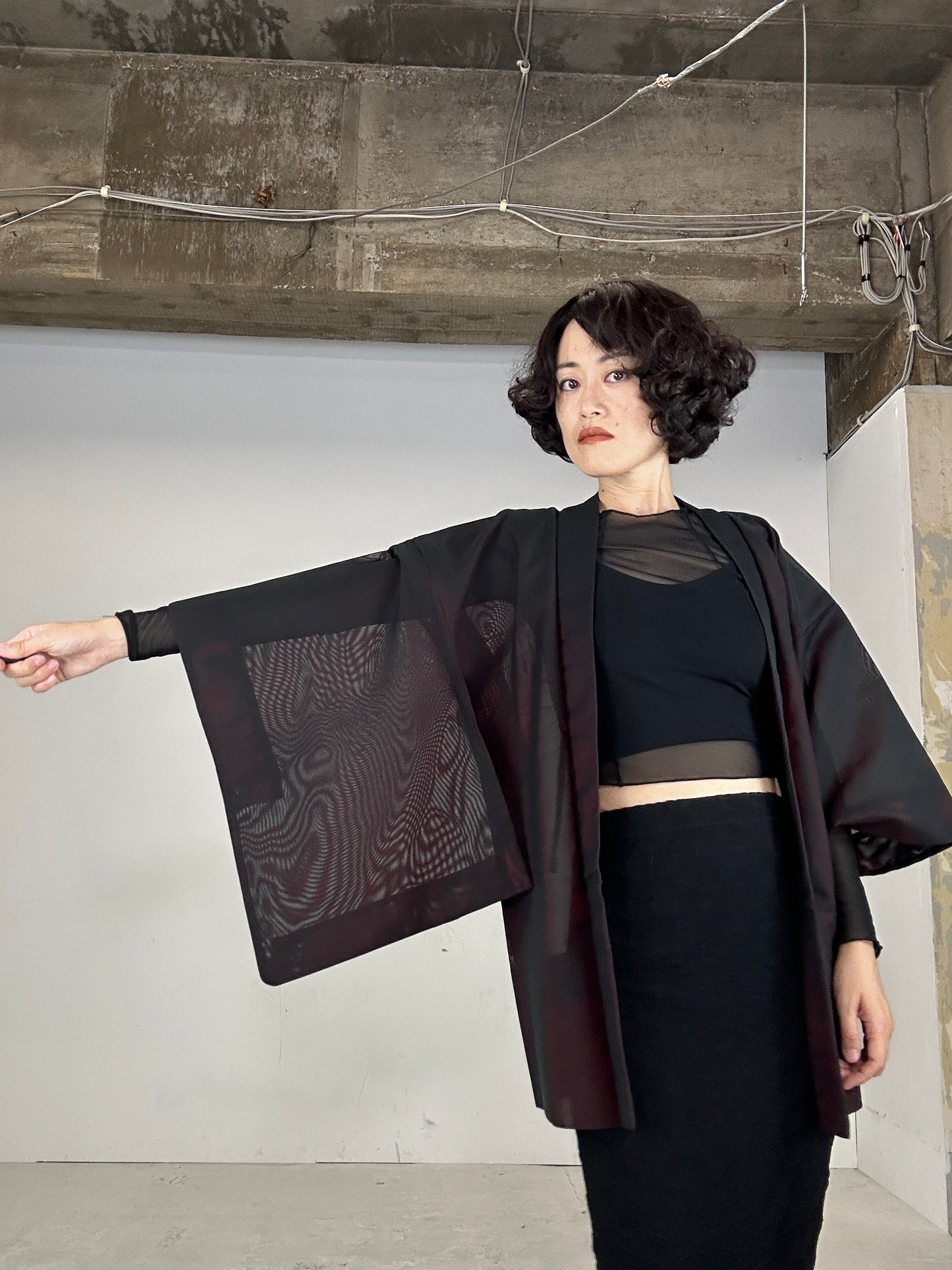 VINTAGE BLACK HAORI SHEER “aka 004 red shibakusa"