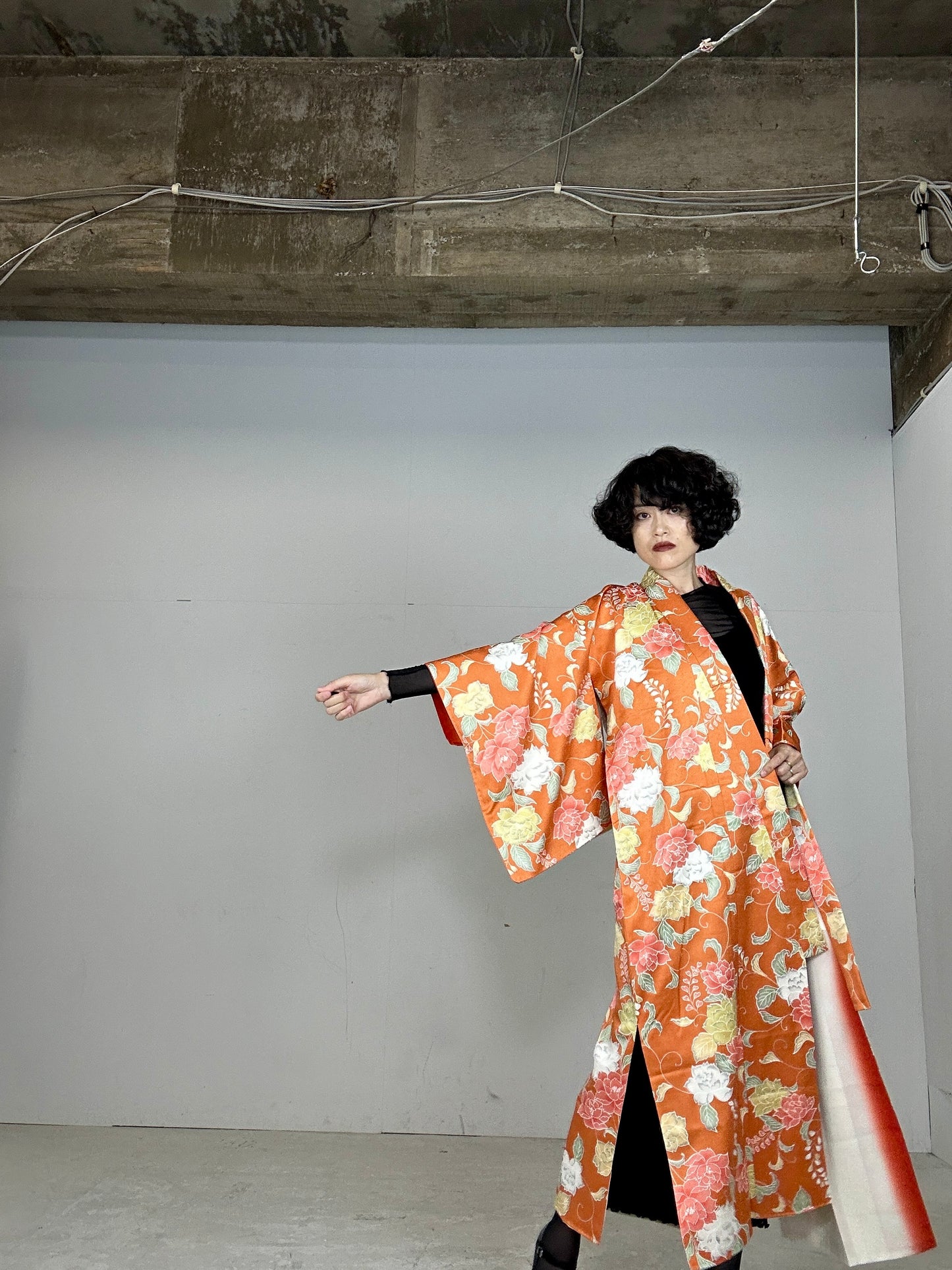 Kimono dress gown and string belt upcycled from Japanese kimono "komon youbana"