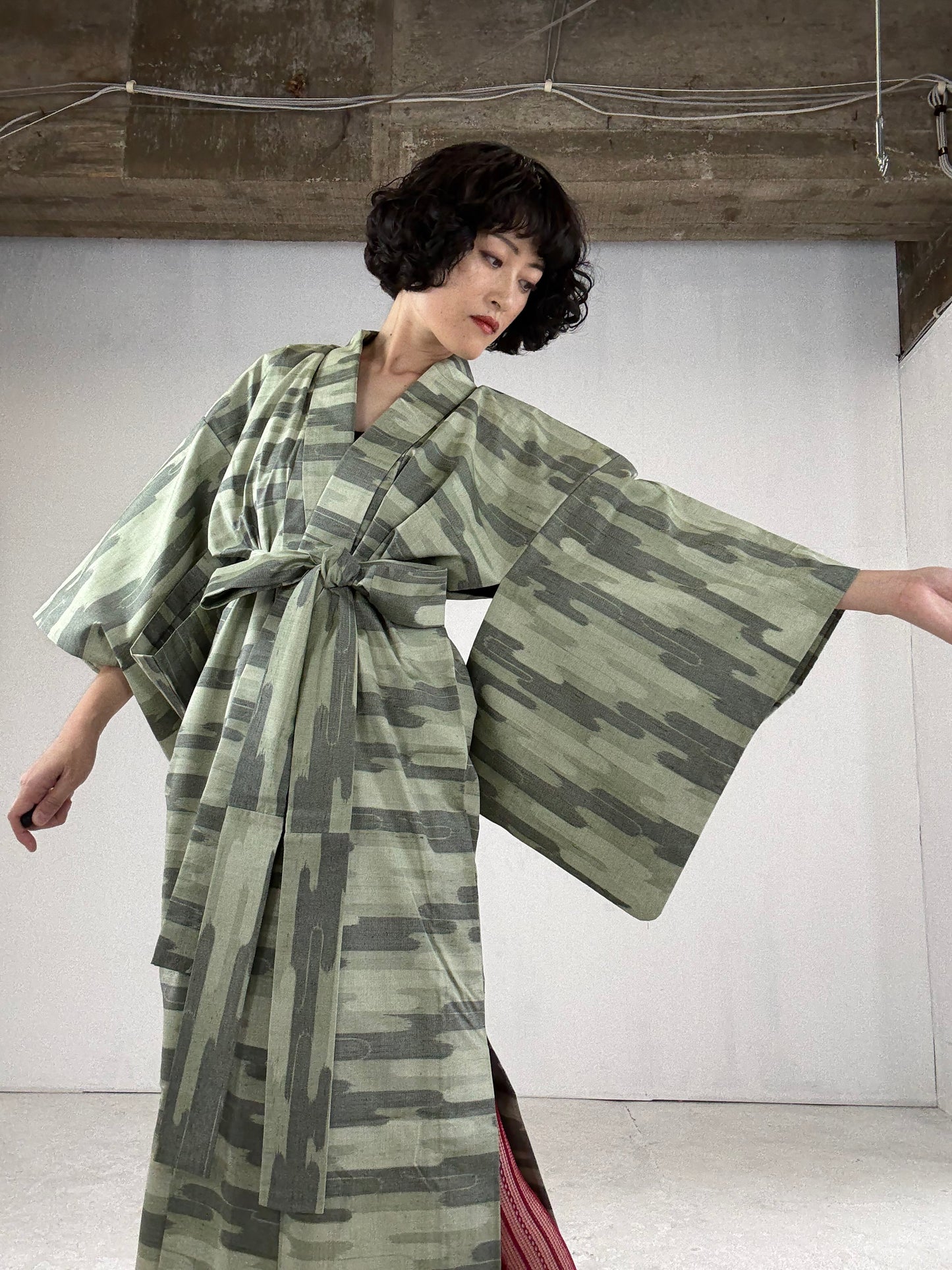 Kimono dress gown and string belt upcycled from Japanese kimono "tsumugi cloud pattern" :damage