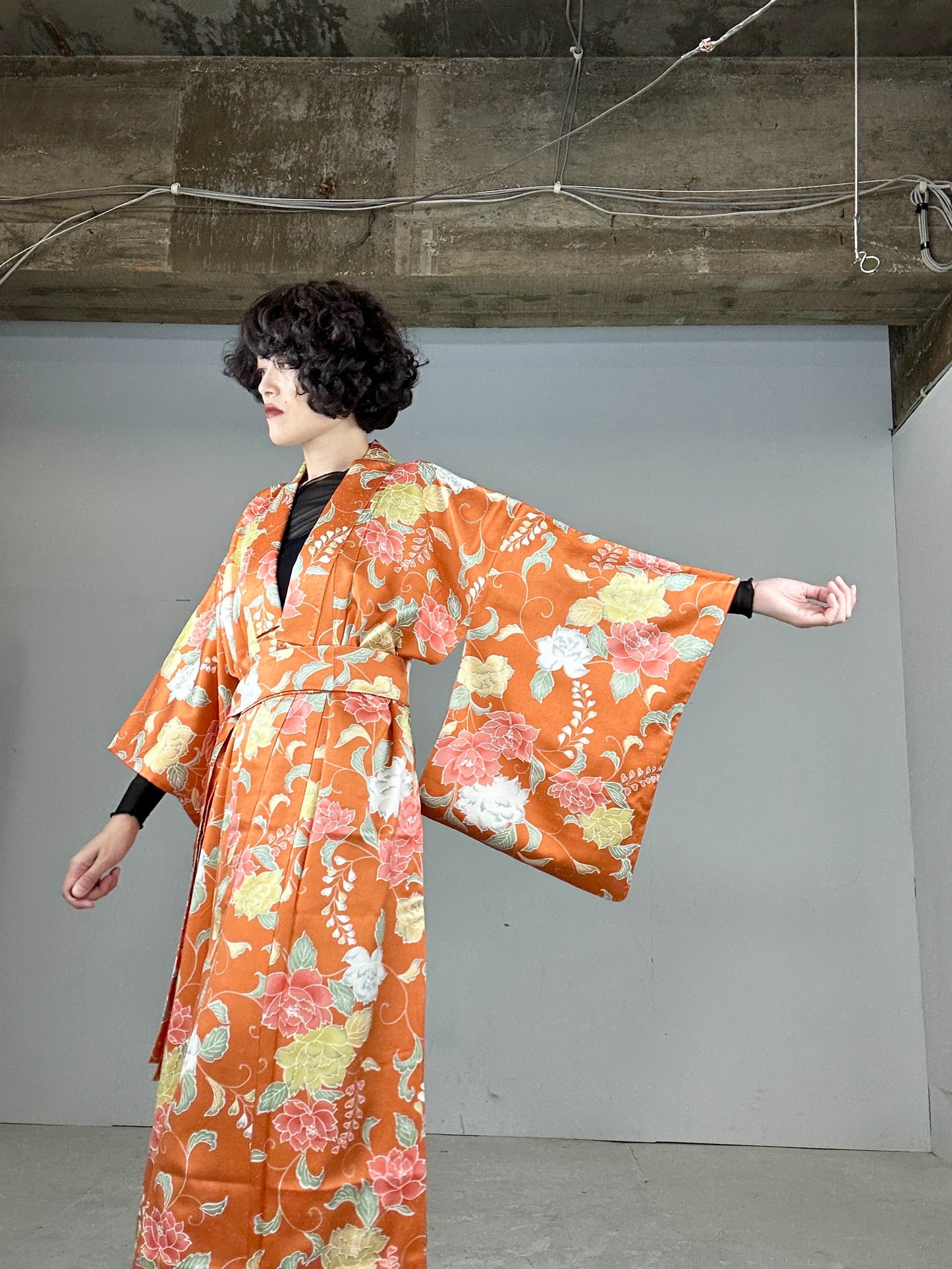 Kimono dress gown and string belt upcycled from Japanese kimono "komon youbana"