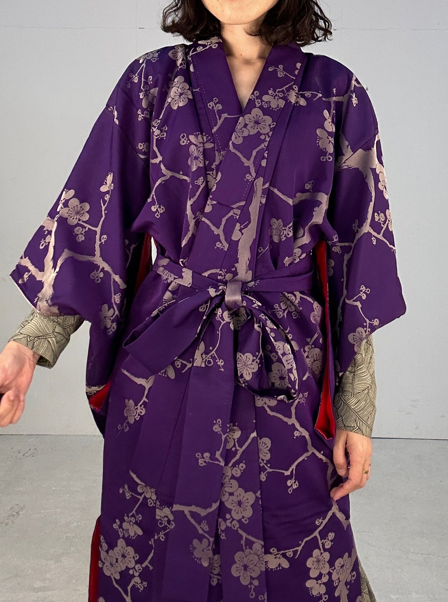 Kimono dress gown and string belt upcycled from Japanese kimono "komon ume"