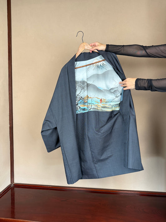 VINTAGE KAWAII HAORI oversized  "oshima, blue, fuji ,yama , 048"