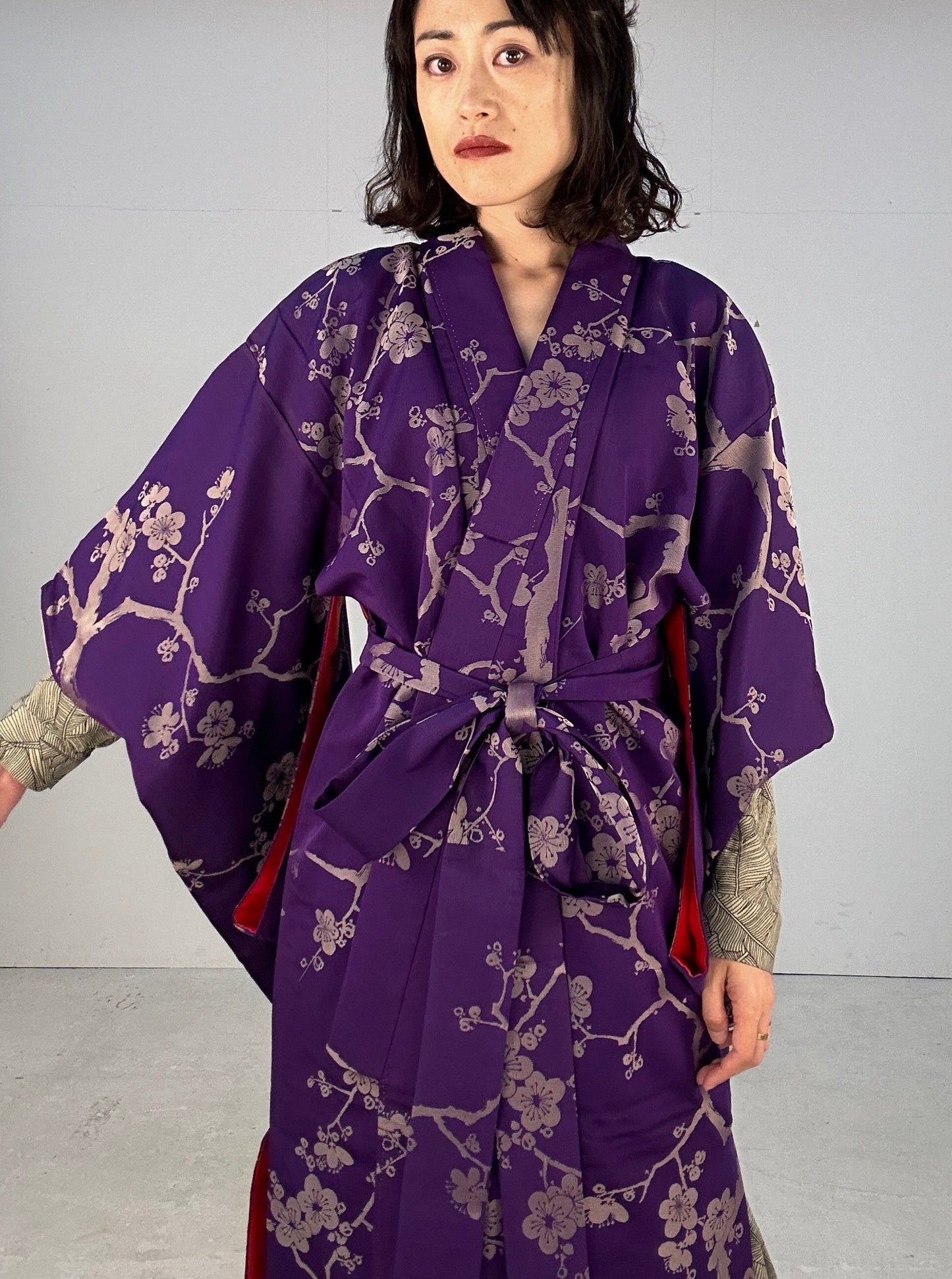 Kimono dress gown and string belt upcycled from Japanese kimono "komon ume"