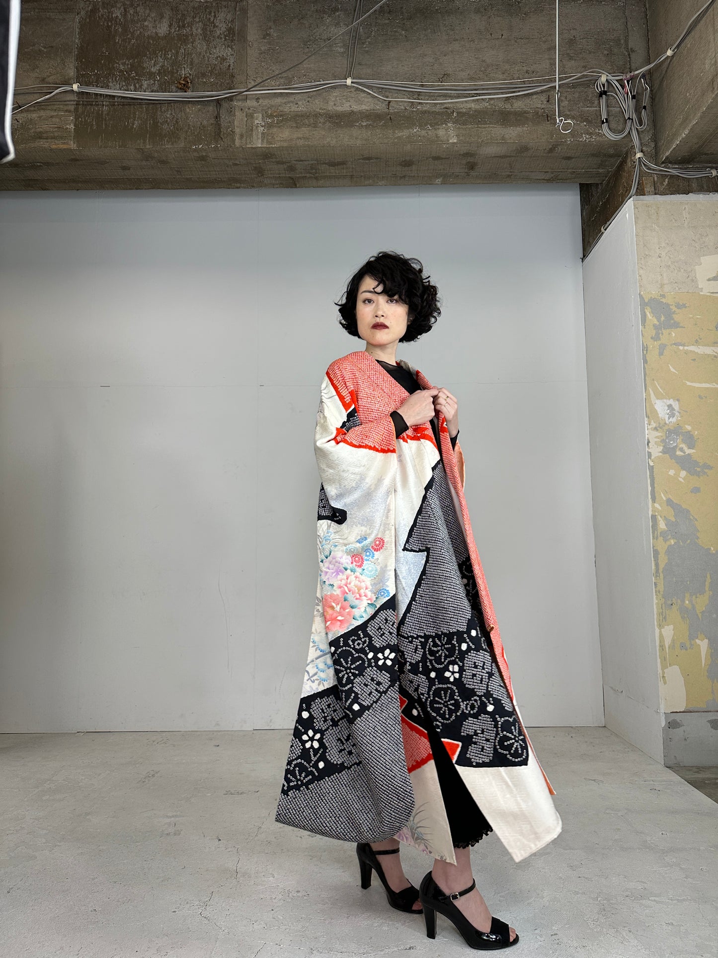Furisode Kimono dress gown and string belt upcycled from Japanese kimono "furisode mix"