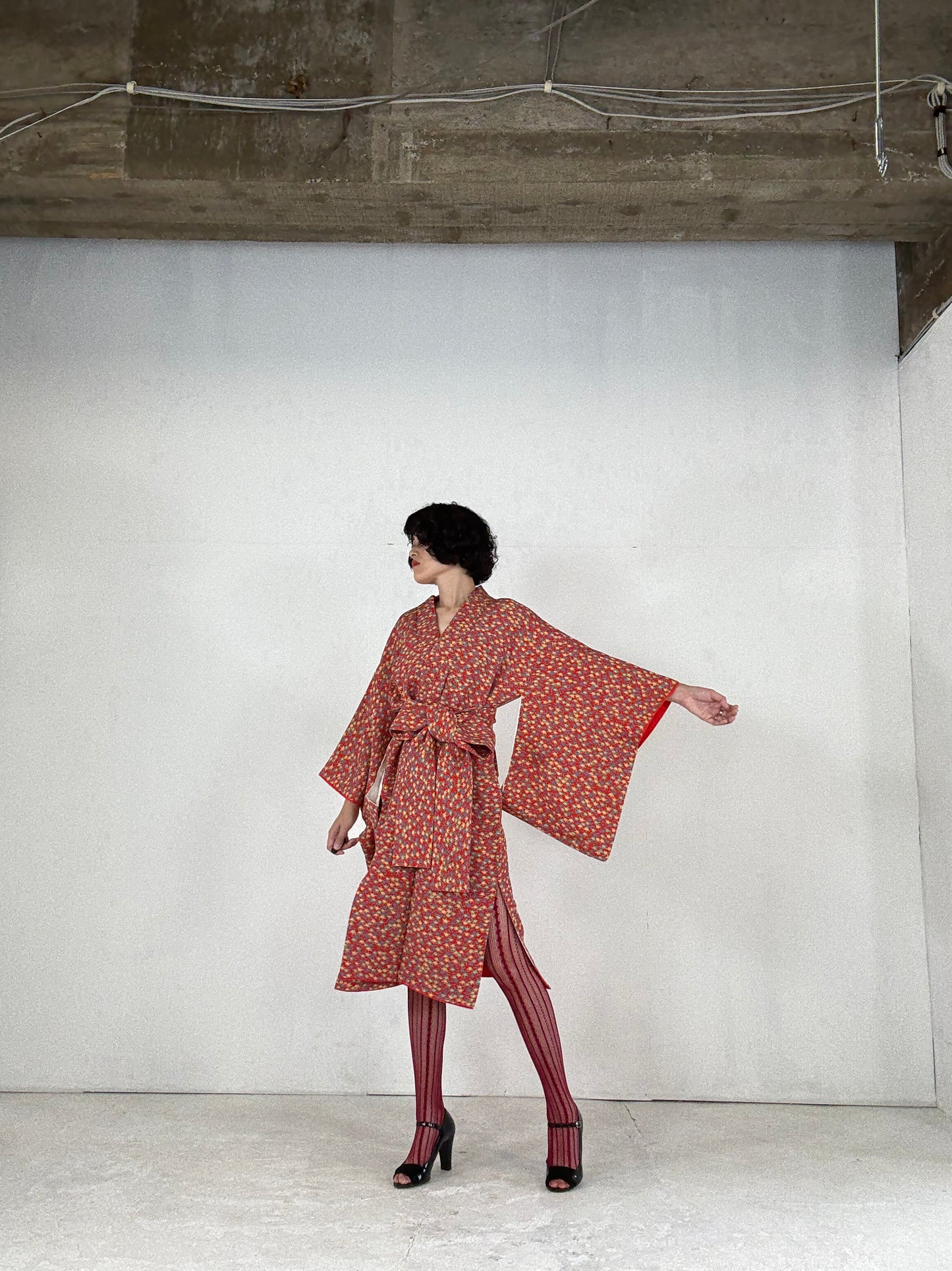 Kimono dress gown and string belt upcycled from Japanese kimono "tachibana" Big Ribbon