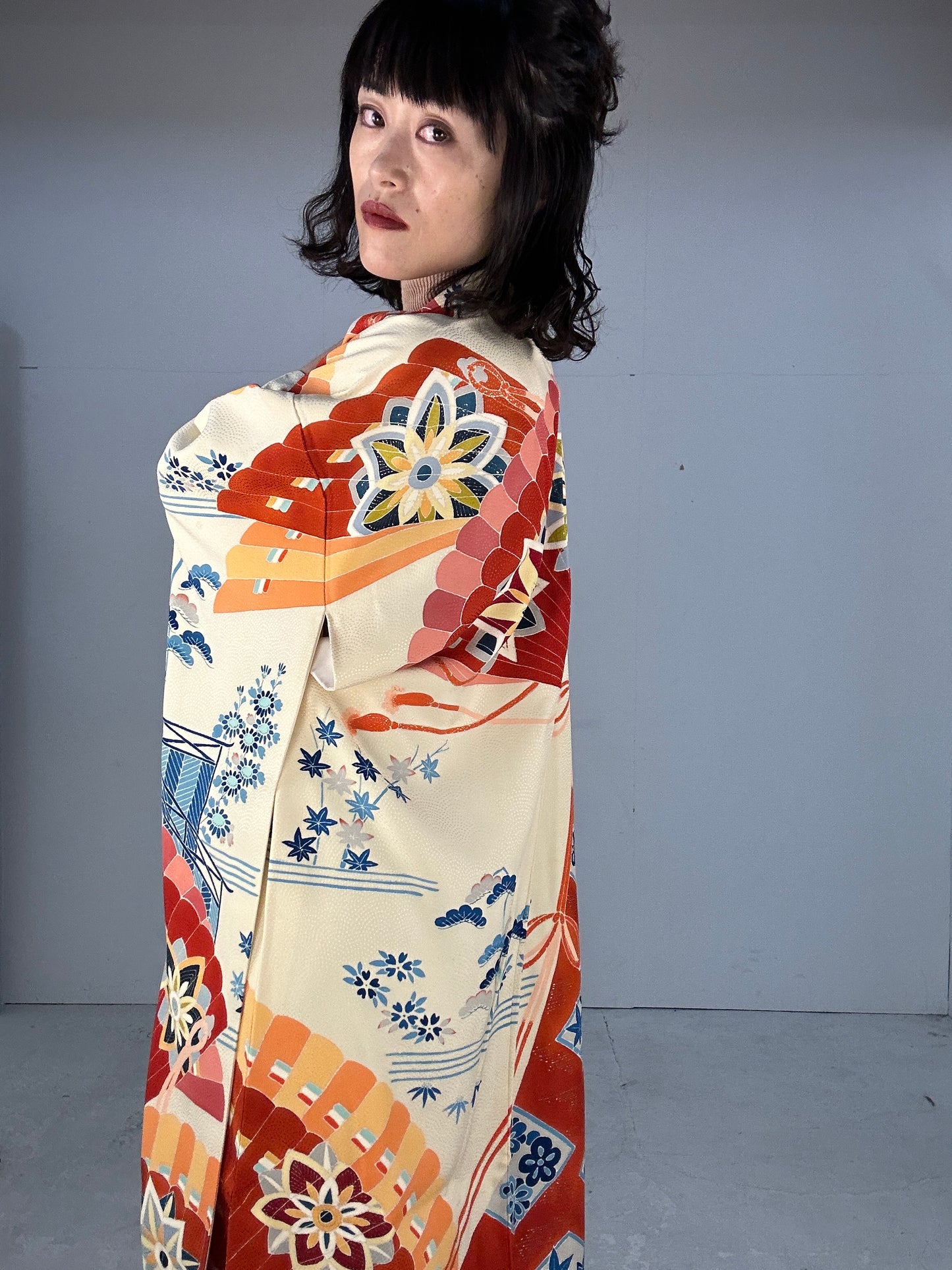 Furisode Kimono dress gown and string belt upcycled from Japanese kimono "furisode aka"