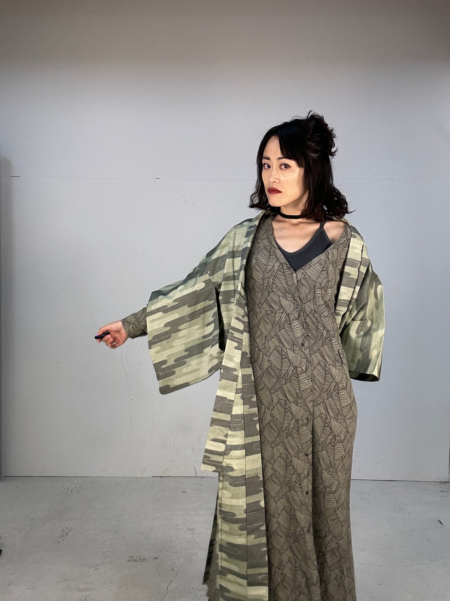 Kimono dress gown and string belt upcycled from Japanese kimono "tsumugi cloud pattern"