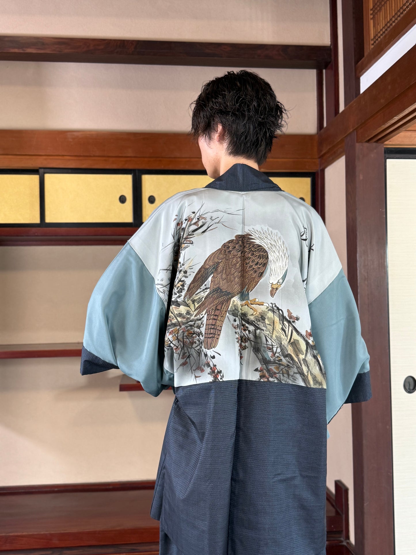 Oshima Tsumugi HAORI  and KIMONO elastic waist pants upcycled from Japanese kimono"taka"version 2