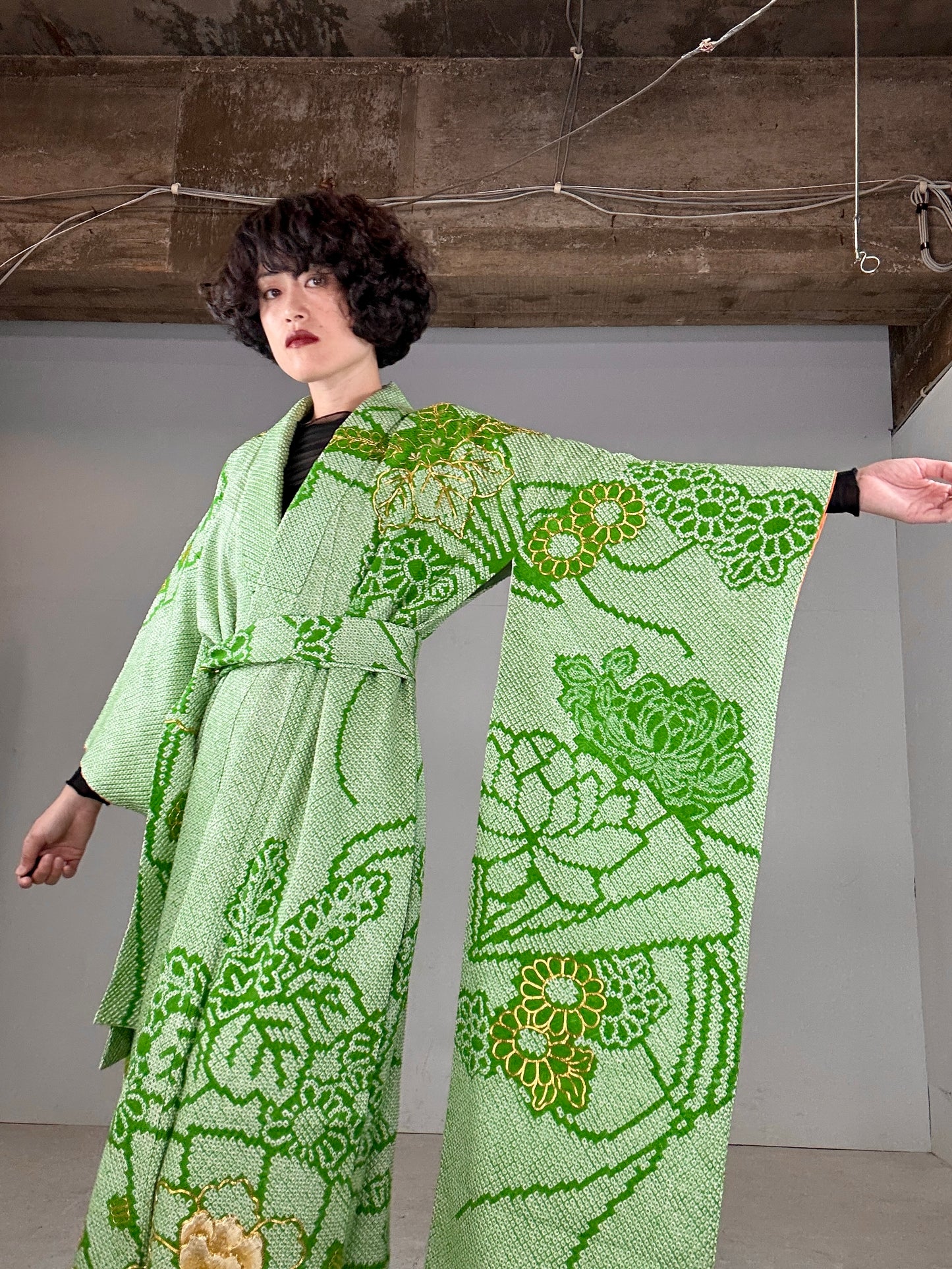 Furisode Kimono dress gown and string belt upcycled from Japanese kimono "shibori green"