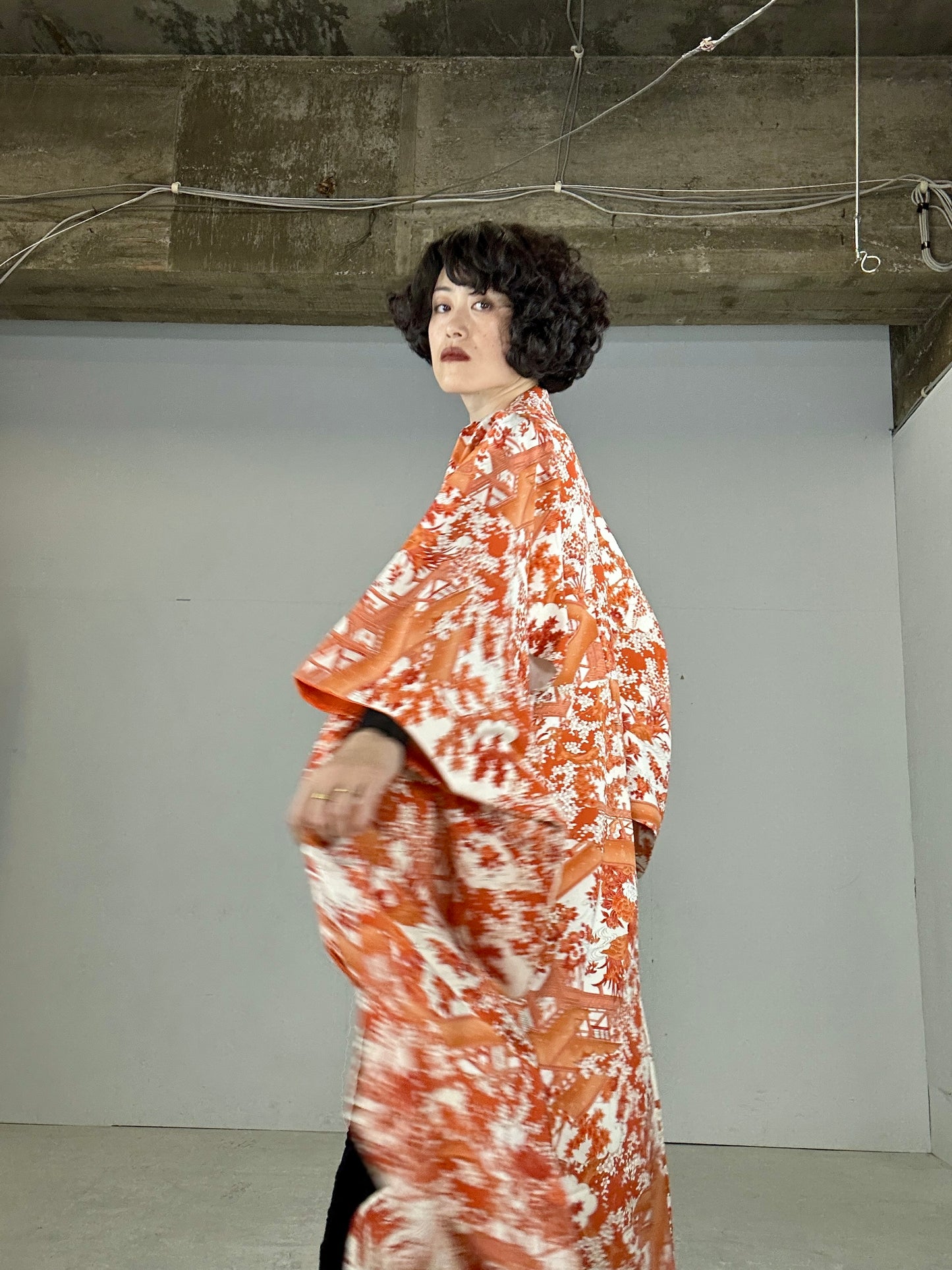 Kimono dress gown and string belt upcycled from Japanese kimono "komon orange shikikusabana"