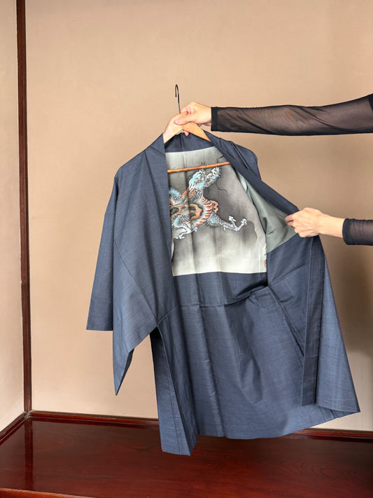 VINTAGE KAWAII HAORI oversized  "oshima, blue,  dragon 029"*damage
