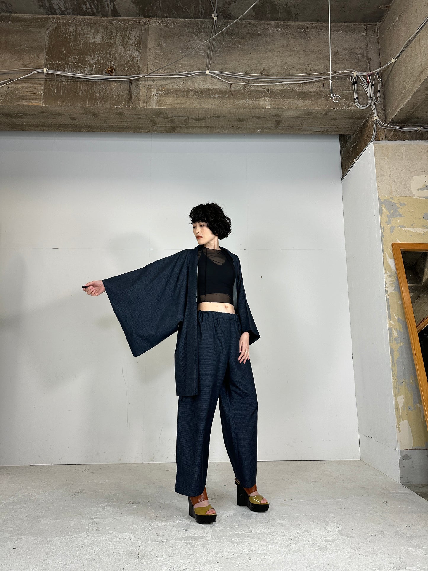 Tsumugi HAORI  and KIMONO elastic waist pants(large size) upcycled from Japanese kimono(Unisex)"NIHONBASHI_Gold"