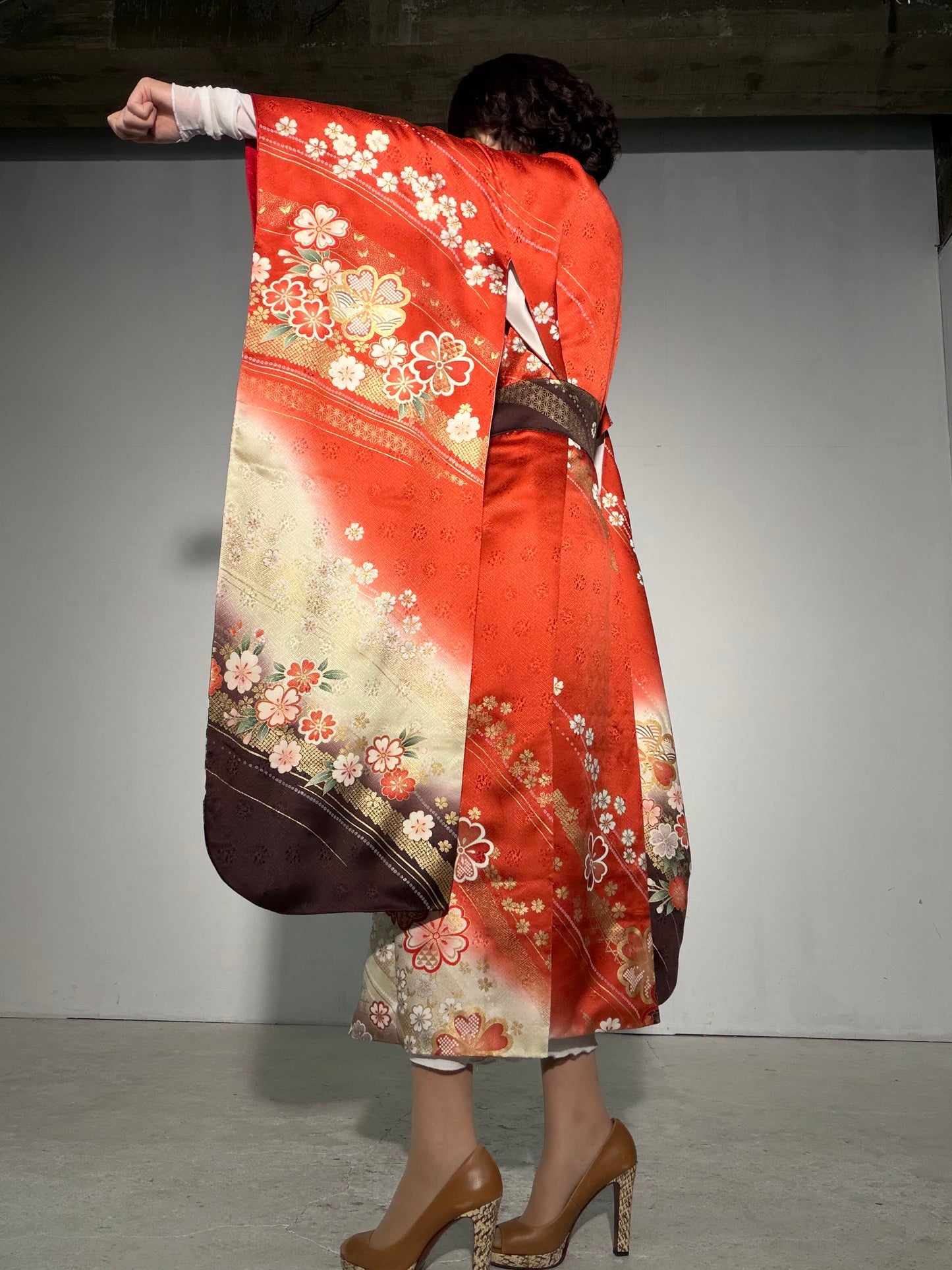 Furisode Kimono Dress Gown with String Belt – Upcycled from Vintage Japanese Kimono "red, cha, DRE037"