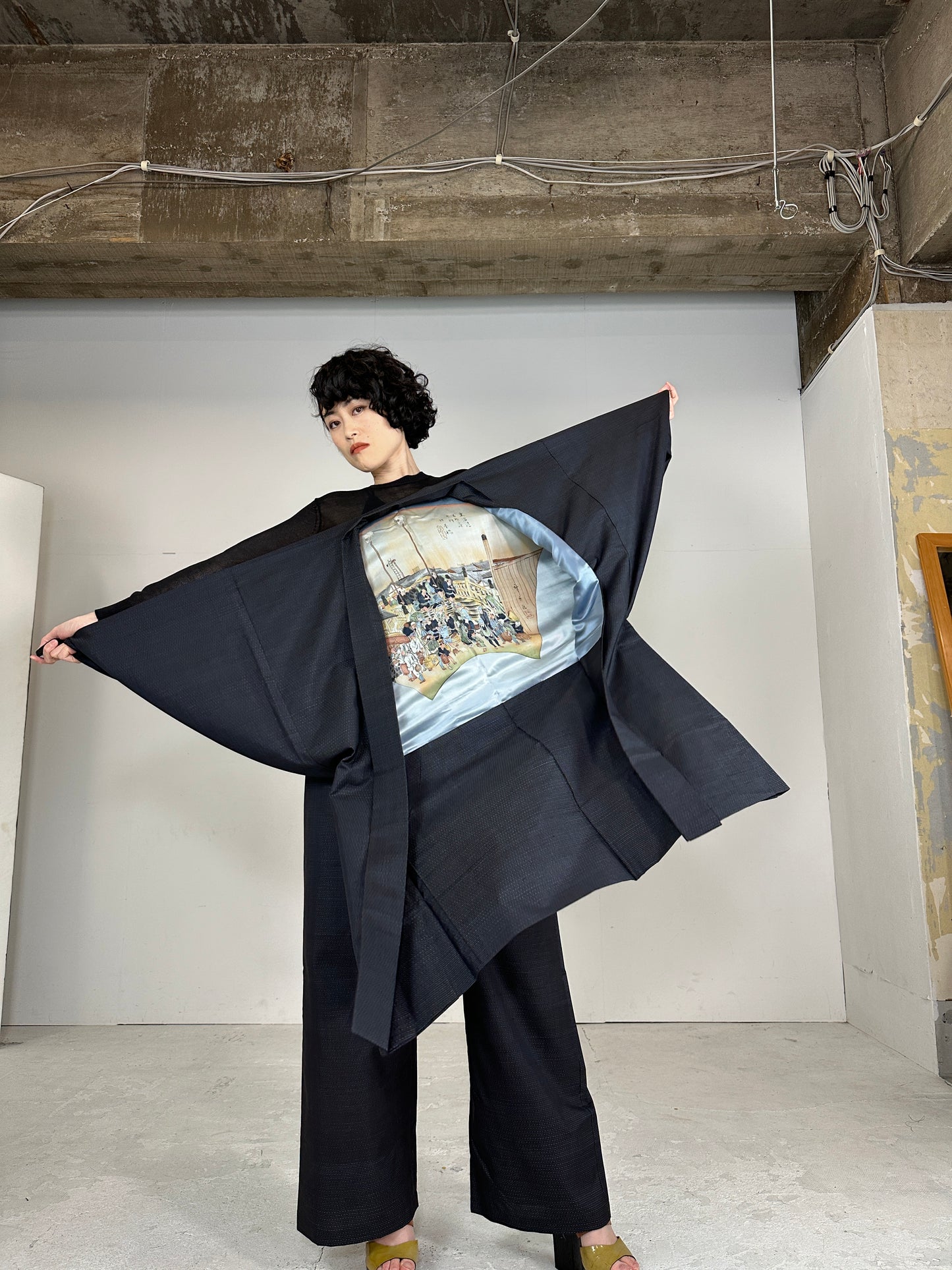 Oshima Tsumugi HAORI  and KIMONO elastic waist pants(large size) upcycled from Japanese kimono(Unisex)"NIHONBASHI_blue pattern"