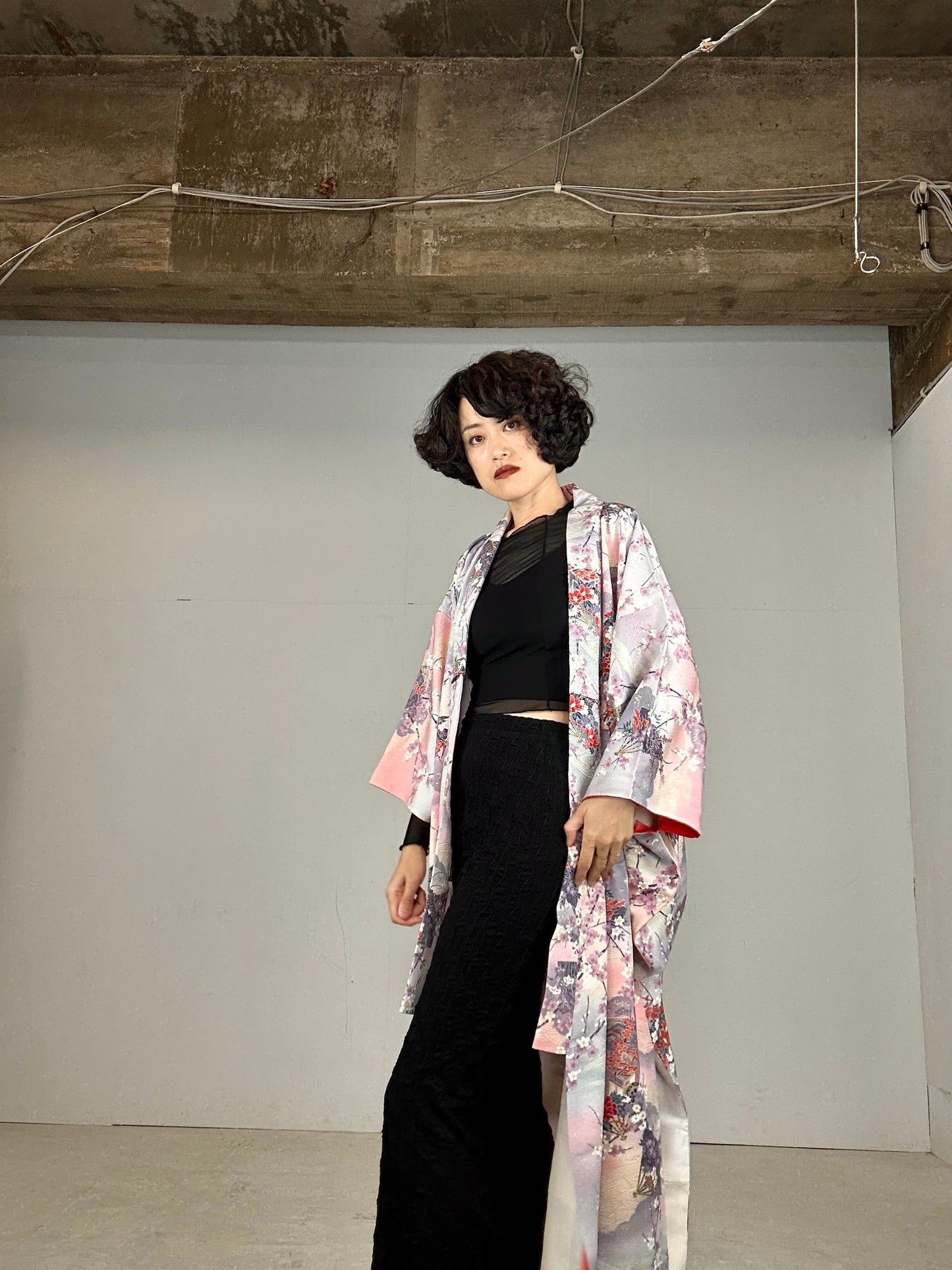 Kimono dress gown and string belt upcycled from Japanese kimono "Shiki kusabana"