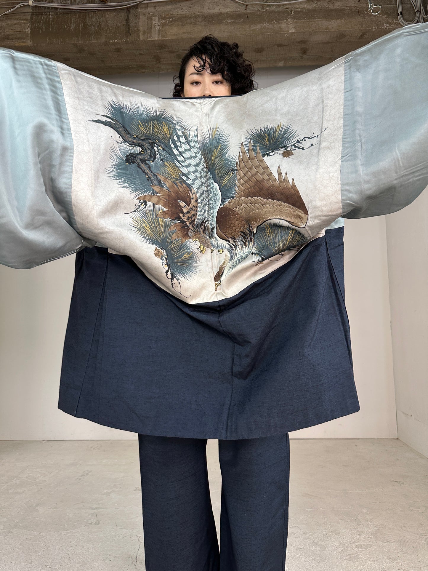 TAKA Tsumugi HAORI and KIMONO elastic waist pants upcycled from Japanese kimono