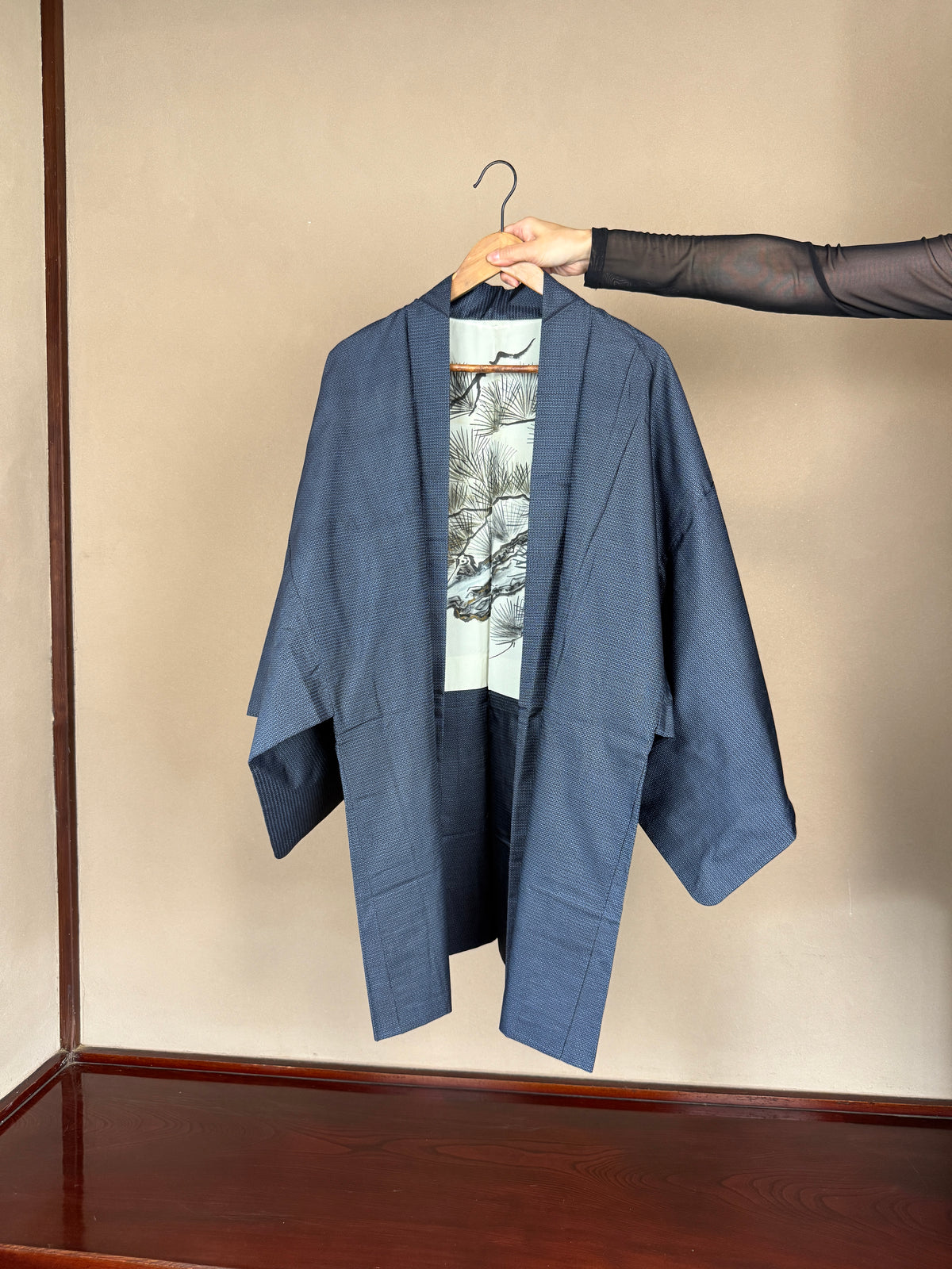 VINTAGE KAWAII HAORI oversized  "oshima, blue, matu , 058"